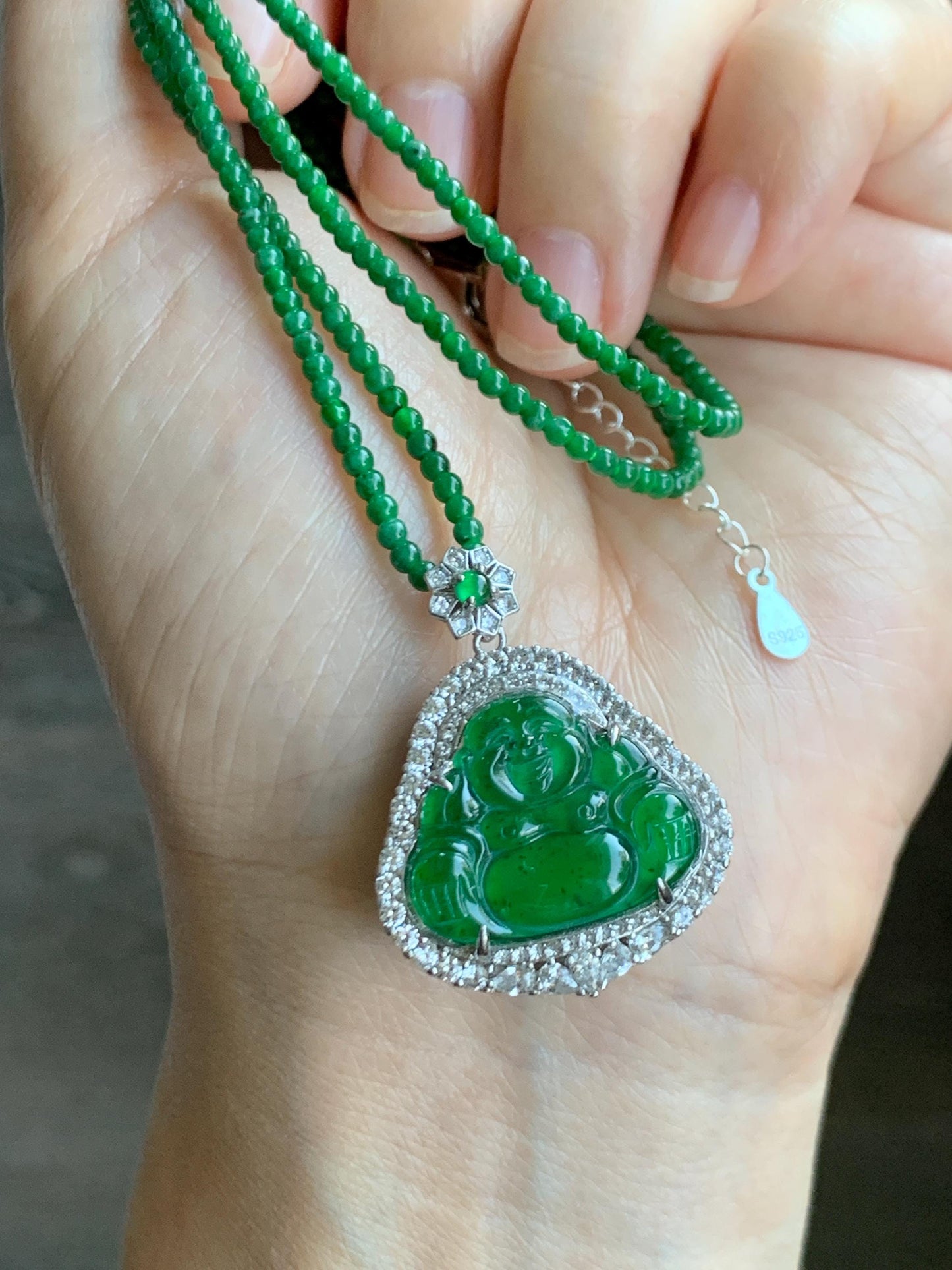 Certified Natural Guatemalan Icy Translucent Vibrant Green Jade Jadeite Buddha Pendant Sterling Silver Beaded Necklace 天然冰危绿翡翠佛公吊坠绿翡翠珠项链 755