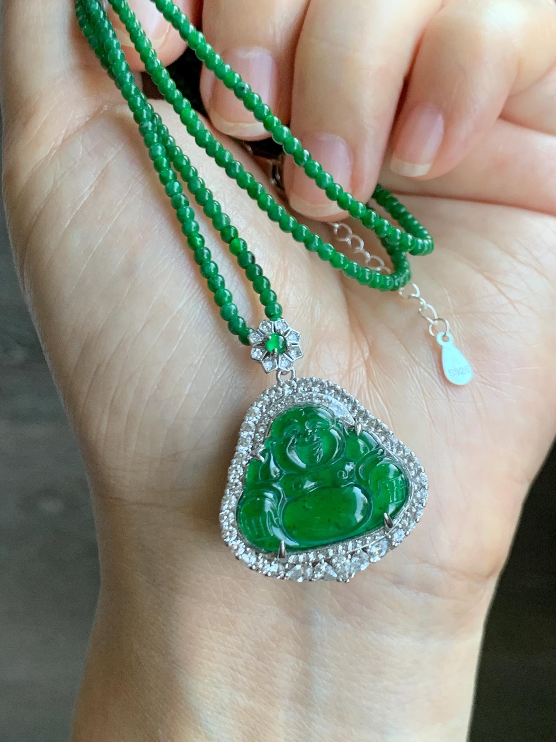 Certified Natural Guatemalan Icy Translucent Vibrant Green Jade Jadeite Buddha Pendant Sterling Silver Beaded Necklace 天然冰危绿翡翠佛公吊坠绿翡翠珠项链 755