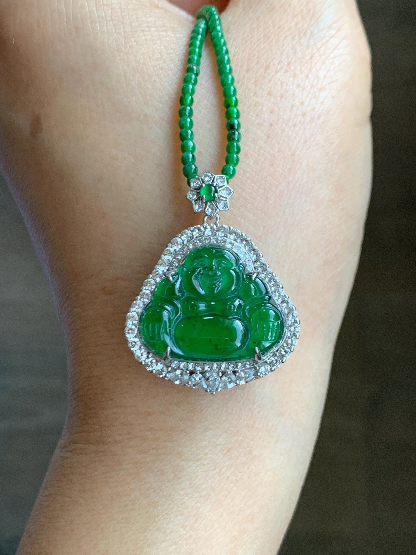 Certified Natural Guatemalan Icy Translucent Vibrant Green Jade Jadeite Buddha Pendant Sterling Silver Beaded Necklace 天然冰危绿翡翠佛公吊坠绿翡翠珠项链 755
