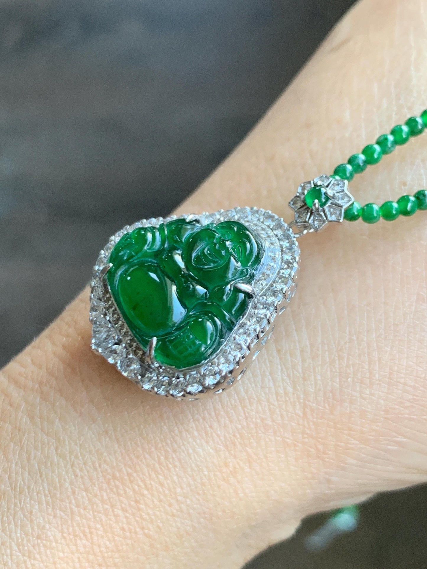 Certified Natural Guatemalan Icy Translucent Vibrant Green Jade Jadeite Buddha Pendant Sterling Silver Beaded Necklace 天然冰危绿翡翠佛公吊坠绿翡翠珠项链 755