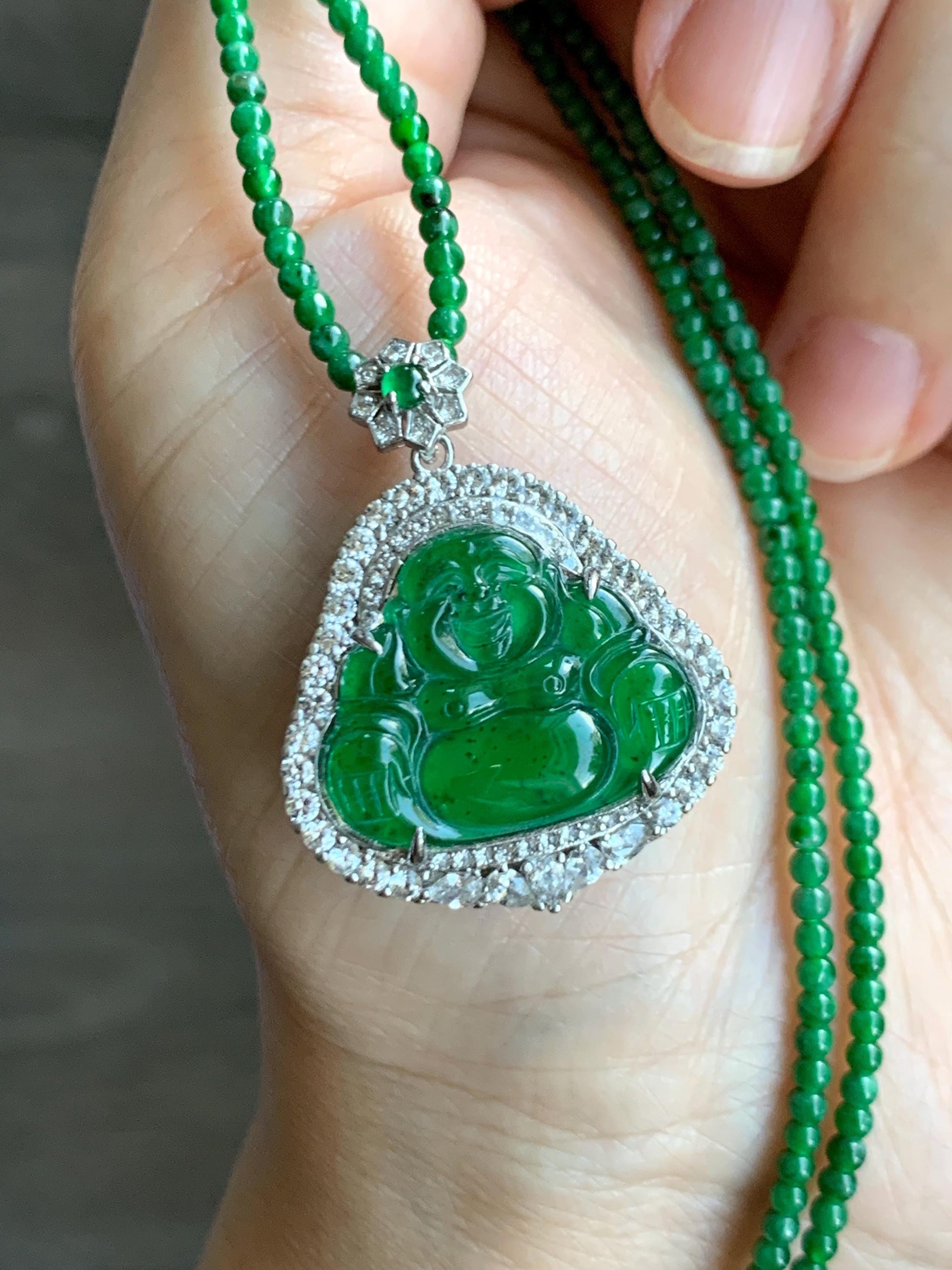 Certified Natural Guatemalan Icy Translucent Vibrant Green Jade Jadeite Buddha Pendant Sterling Silver Beaded Necklace 天然冰危绿翡翠佛公吊坠绿翡翠珠项链 755