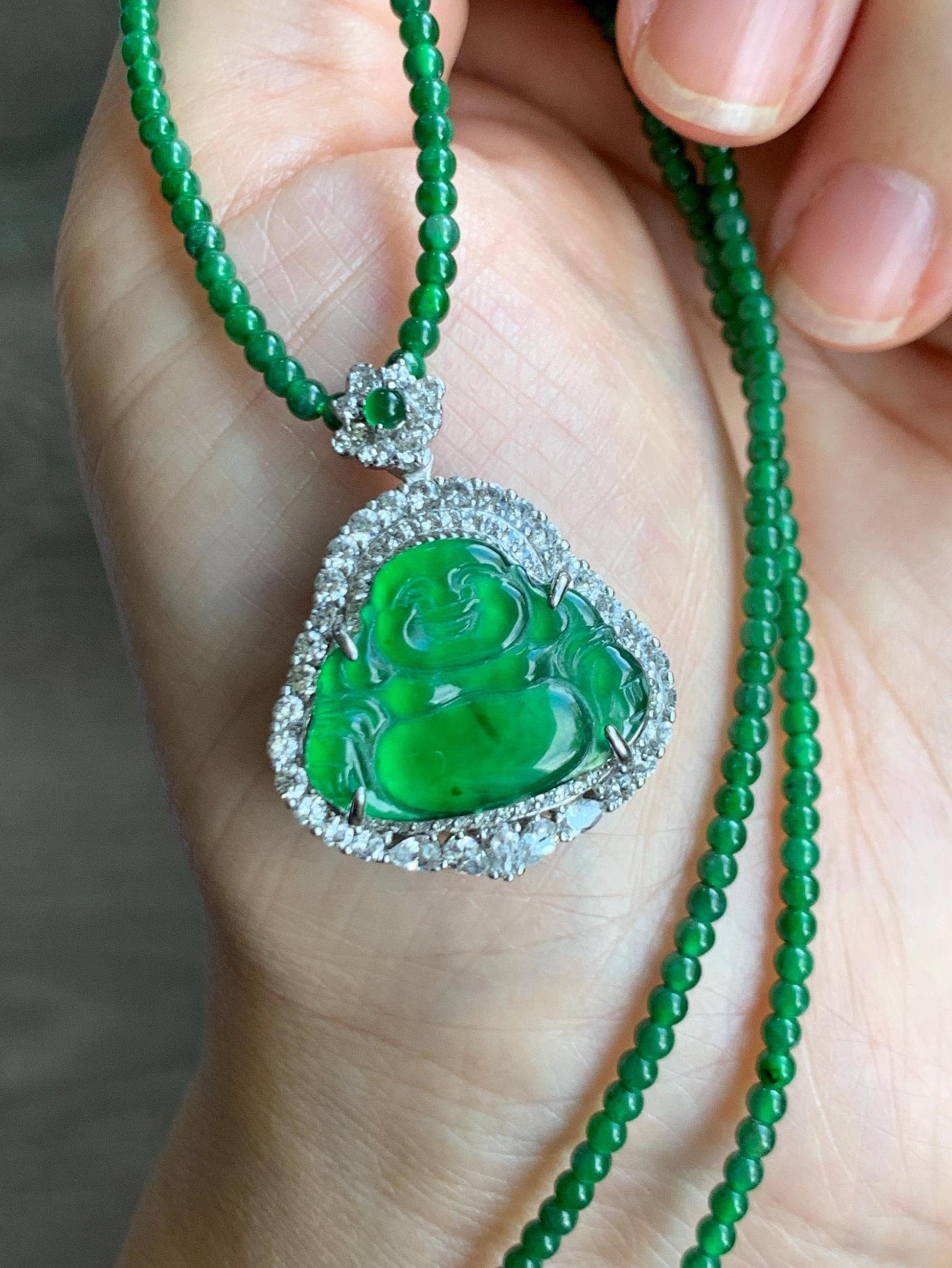 Certified Natural Guatemalan Icy Translucent Vibrant Green Jade Jadeite Buddha Pendant Sterling Silver Beaded Necklace 天然冰危绿翡翠佛公吊坠绿翡翠珠项链 756