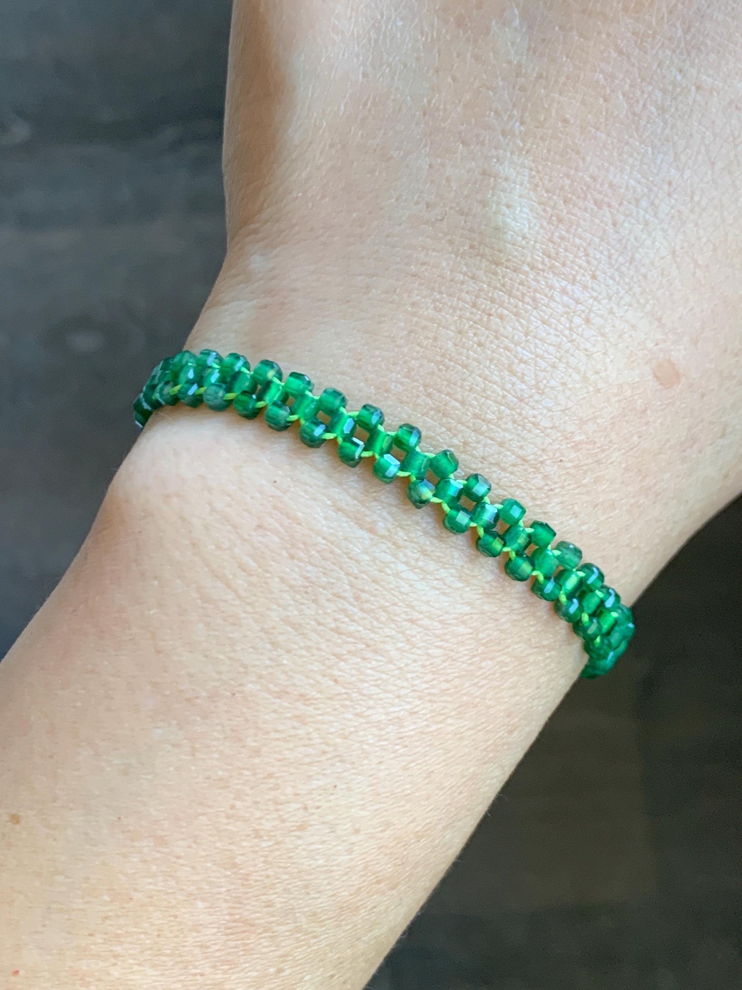 Certified Grade A Guatemalan Icy Translucent Vibrant Green Jade Jadeite Petite Faceted Beads Beaded Bracelet 6.25” 天然冰危绿翡翠小卡切割面方珠手串 0769