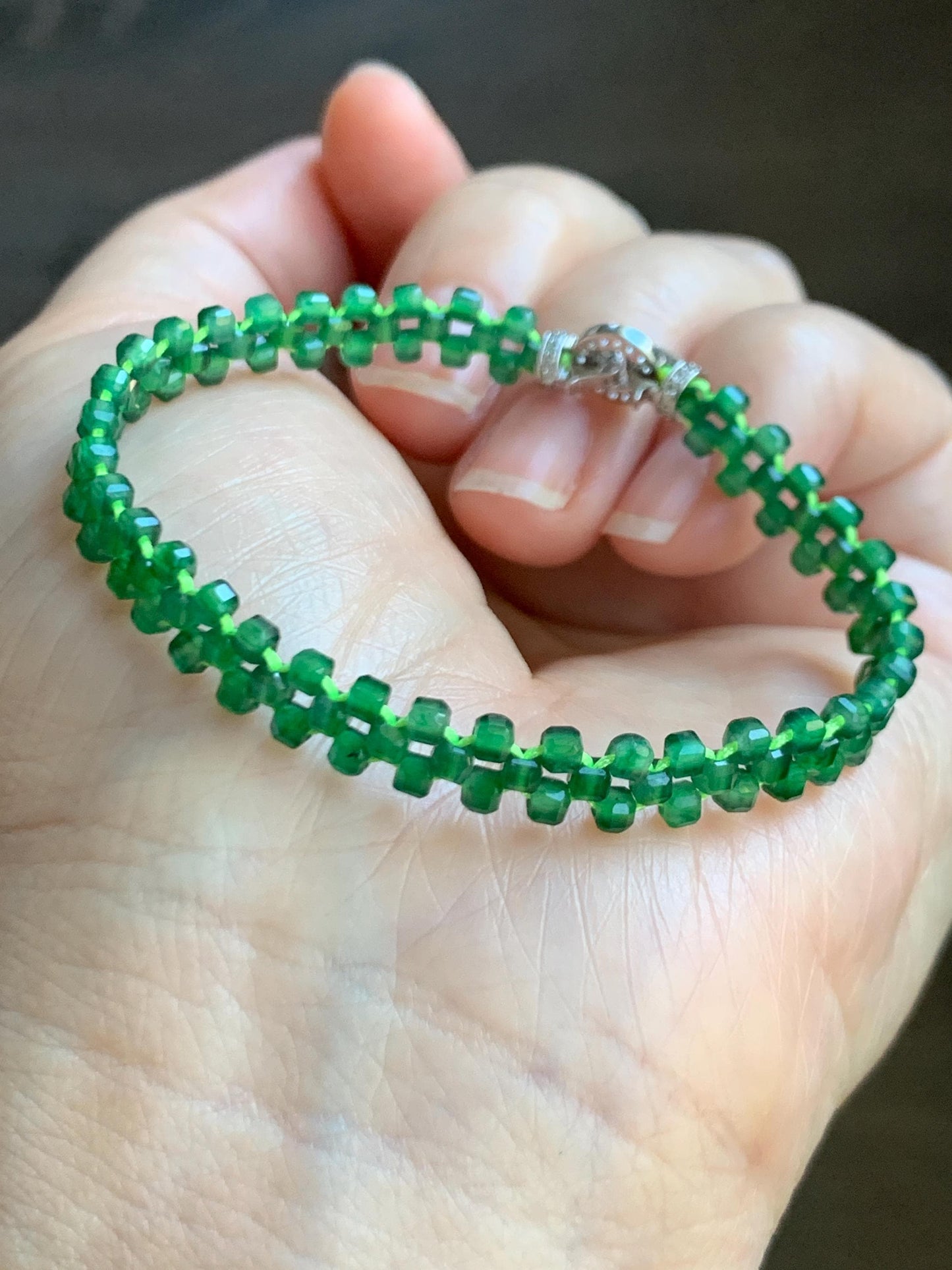 Certified Grade A Guatemalan Icy Translucent Vibrant Green Jade Jadeite Petite Faceted Beads Beaded Bracelet 6.25” 天然冰危绿翡翠小卡切割面方珠手串 0769