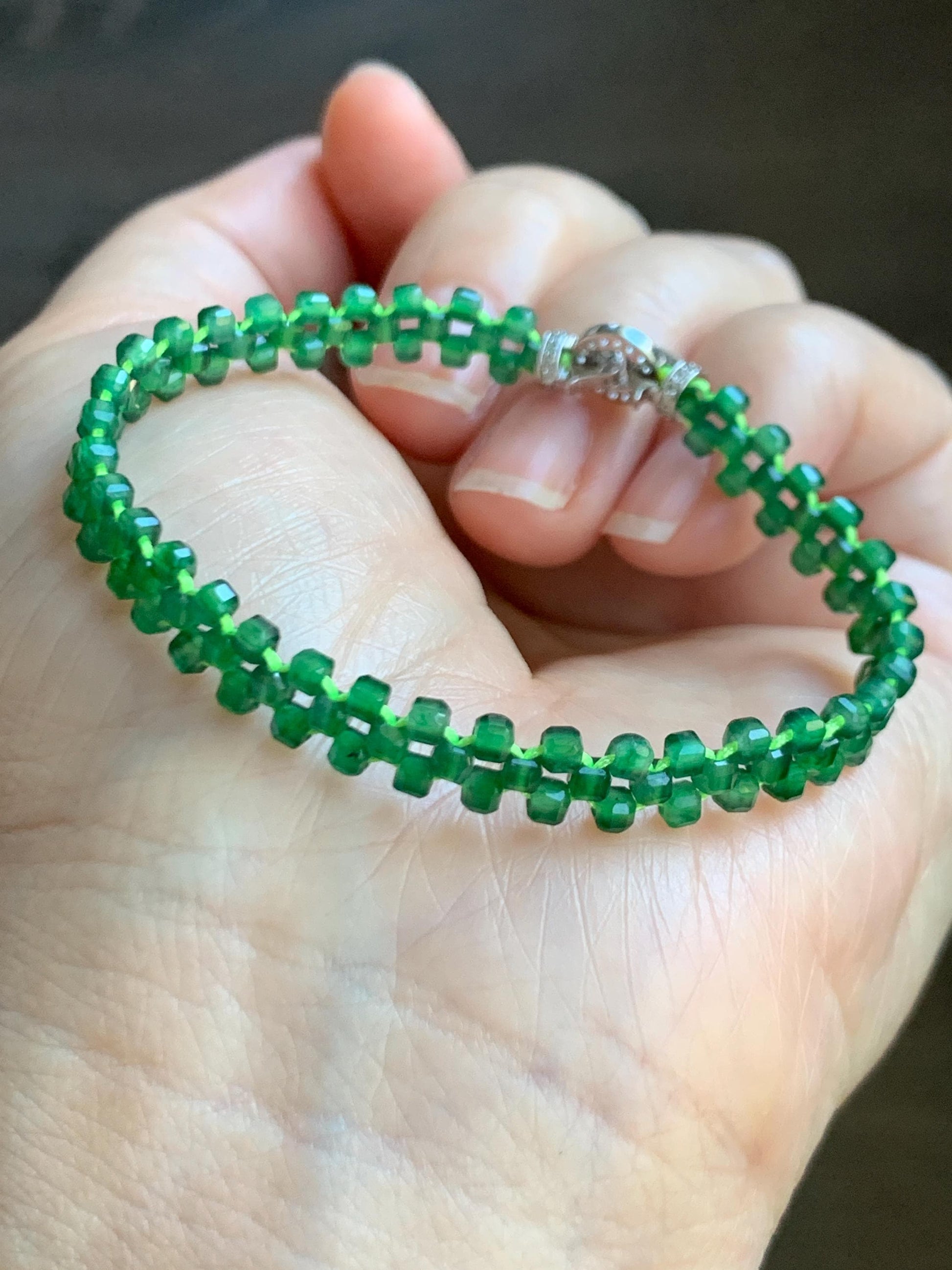 Certified Grade A Guatemalan Icy Translucent Vibrant Green Jade Jadeite Petite Faceted Beads Beaded Bracelet 6.25” 天然冰危绿翡翠小卡切割面方珠手串 0769