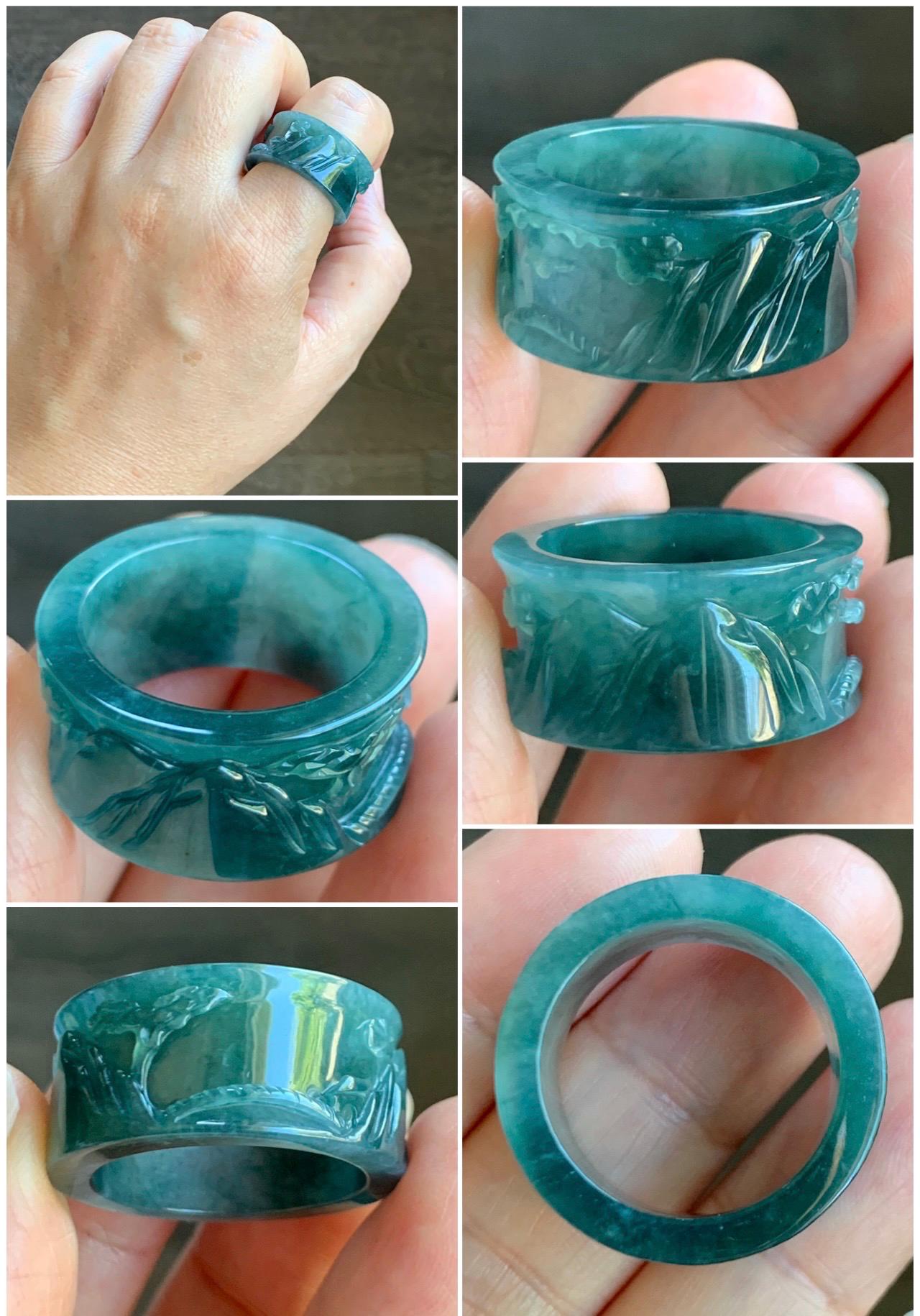 Natural Grade A Guatemalan Icy Highly Translucent Dark Teal Blue Teal Green Jade Jadeite Engraved Band Ring Size 10 US 8g 天然冰危深蓝翡翠山水戒圈 SHBZA