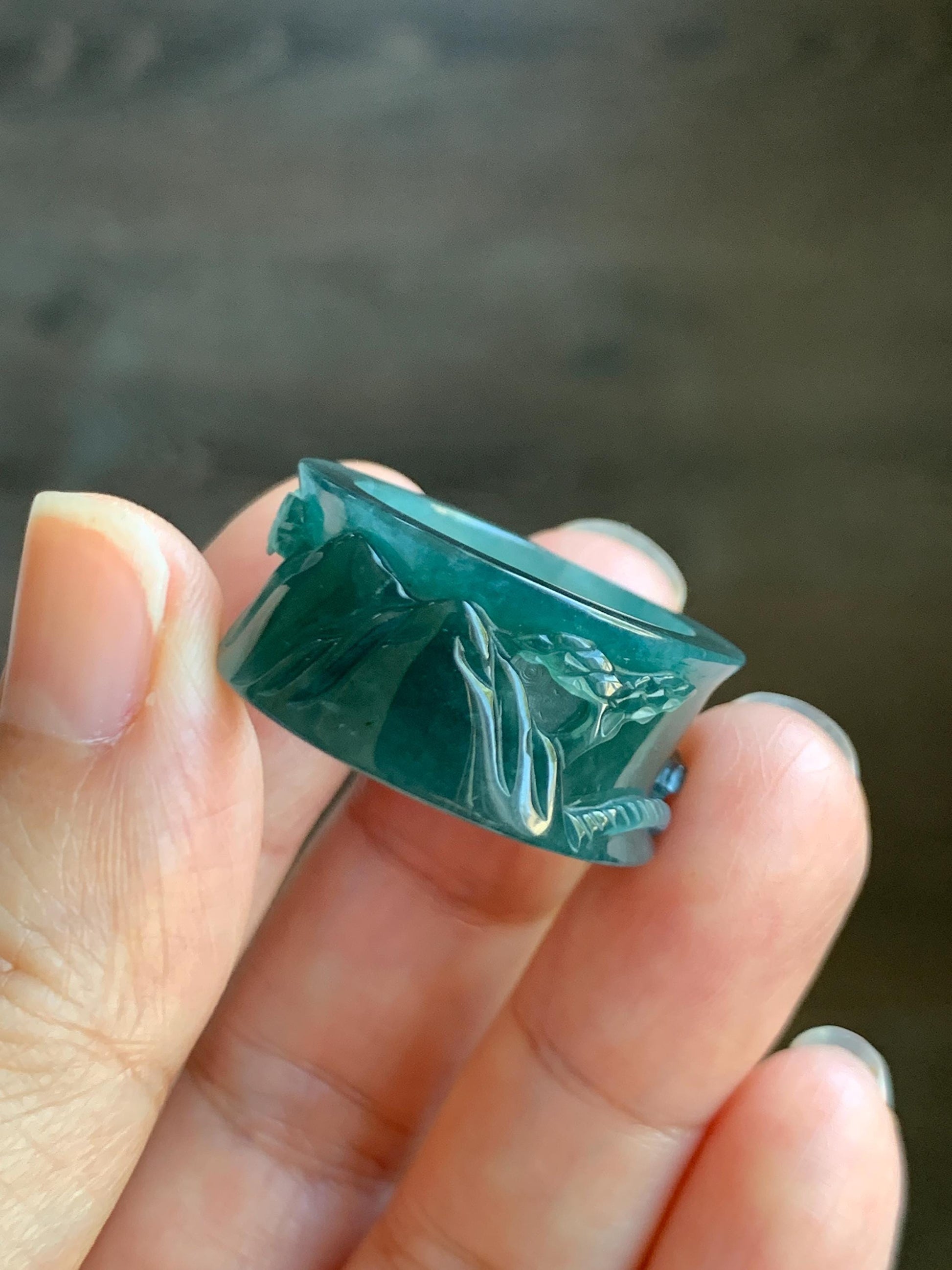 Natural Grade A Guatemalan Icy Highly Translucent Dark Teal Blue Teal Green Jade Jadeite Engraved Band Ring Size 10 US 8g 天然冰危深蓝翡翠山水戒圈 SHBZA