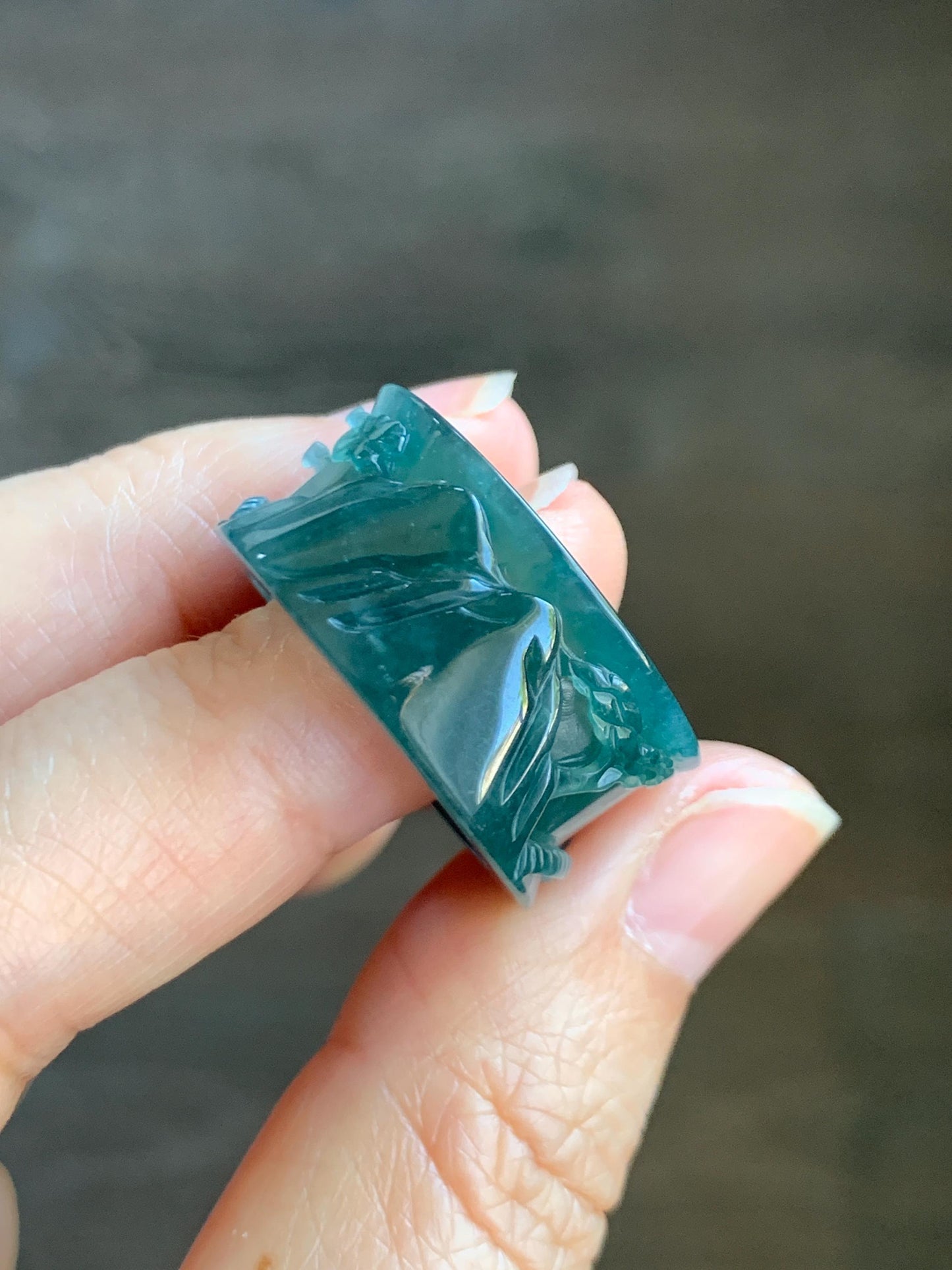 Natural Grade A Guatemalan Icy Highly Translucent Dark Teal Blue Teal Green Jade Jadeite Engraved Band Ring Size 10 US 8g 天然冰危深蓝翡翠山水戒圈 SHBZA