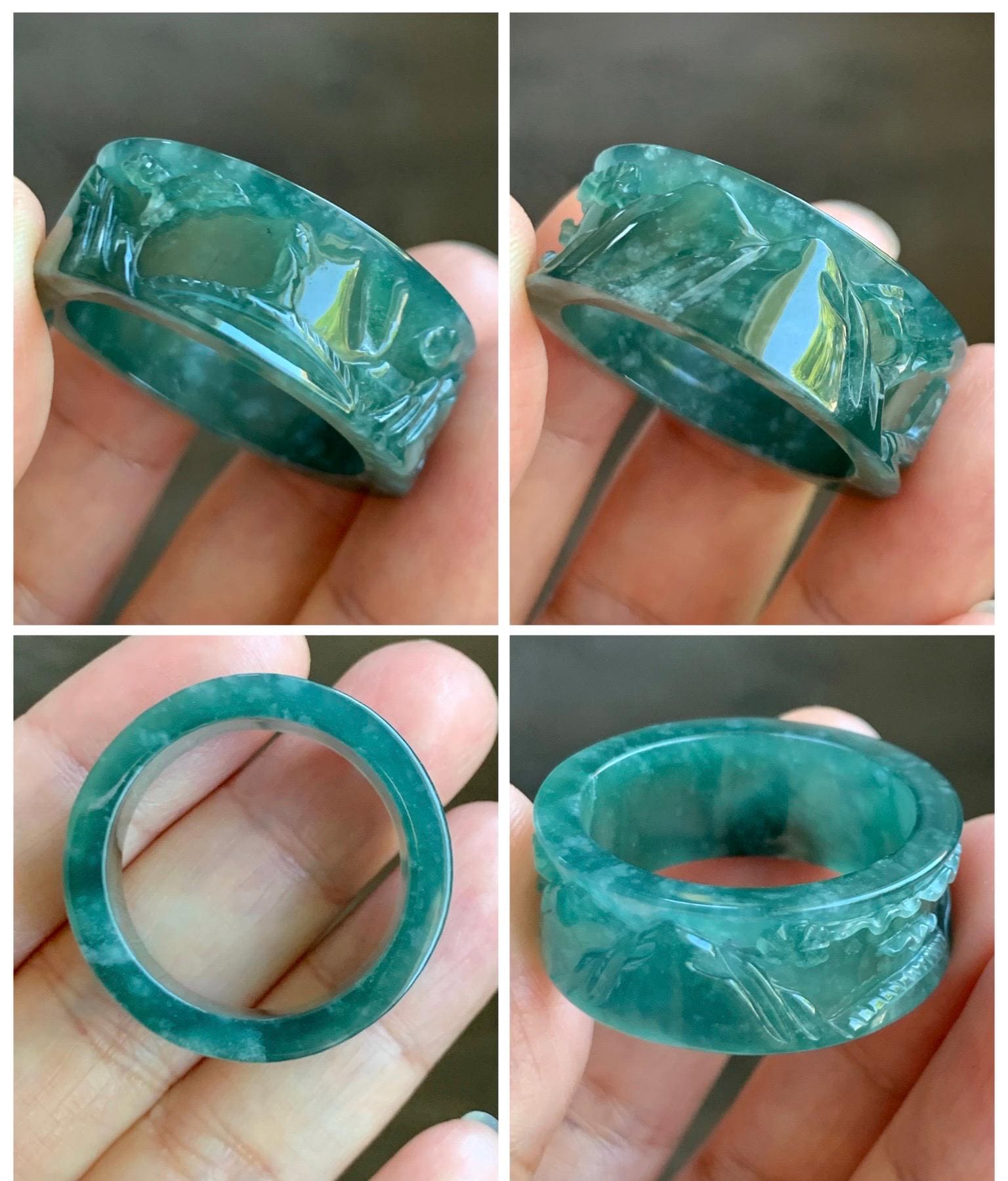 Natural Grade A Guatemalan Icy Translucent Dark Teal Green Jade Jadeite Engraved Band Ring Size 15 US 10g 天然冰危深蓝绿翡翠山水戒圈 SHBZB