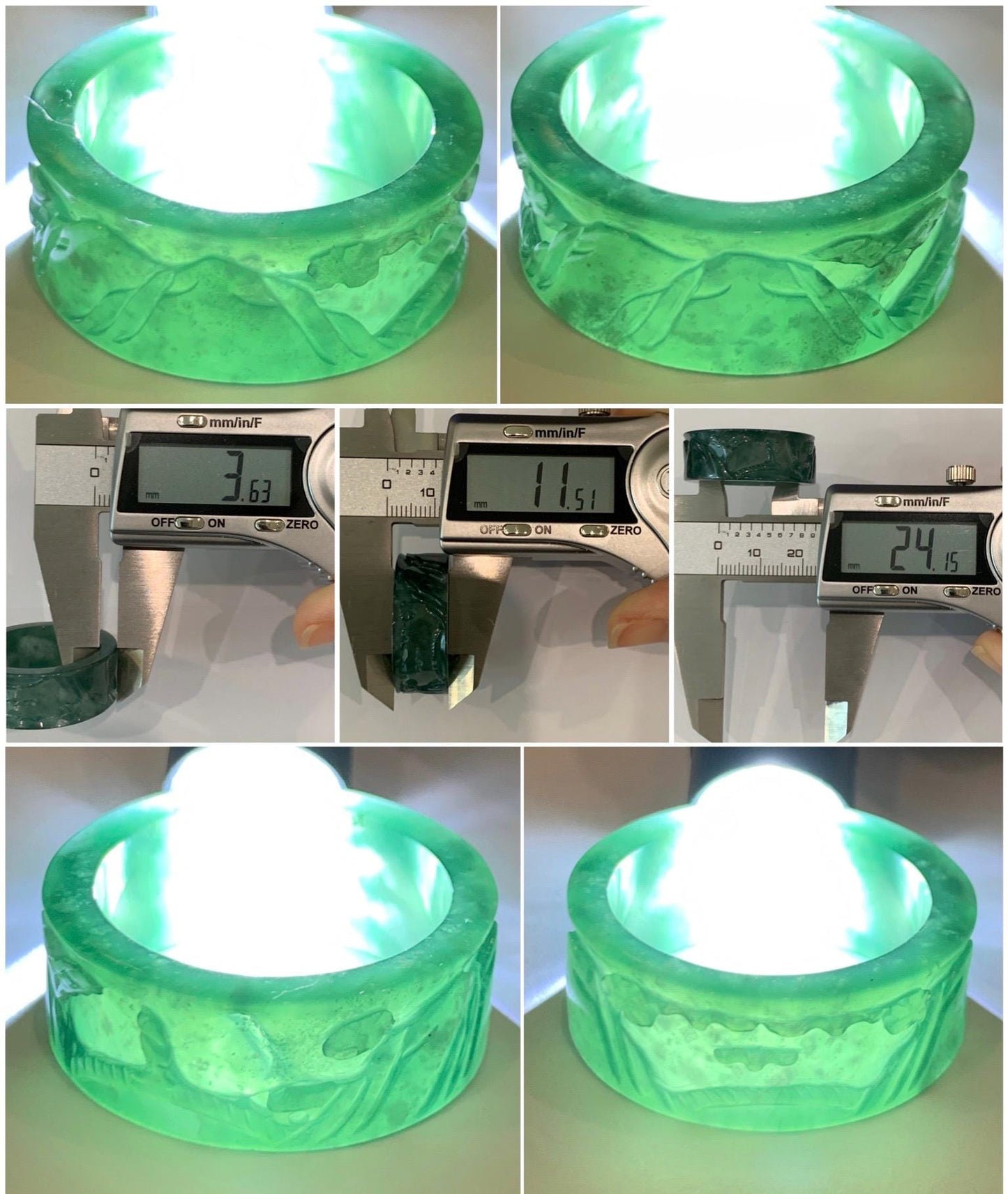 Natural Grade A Guatemalan Icy Translucent Dark Teal Green Jade Jadeite Engraved Band Ring Size 15 US 10g 天然冰危深蓝绿翡翠山水戒圈 SHBZB