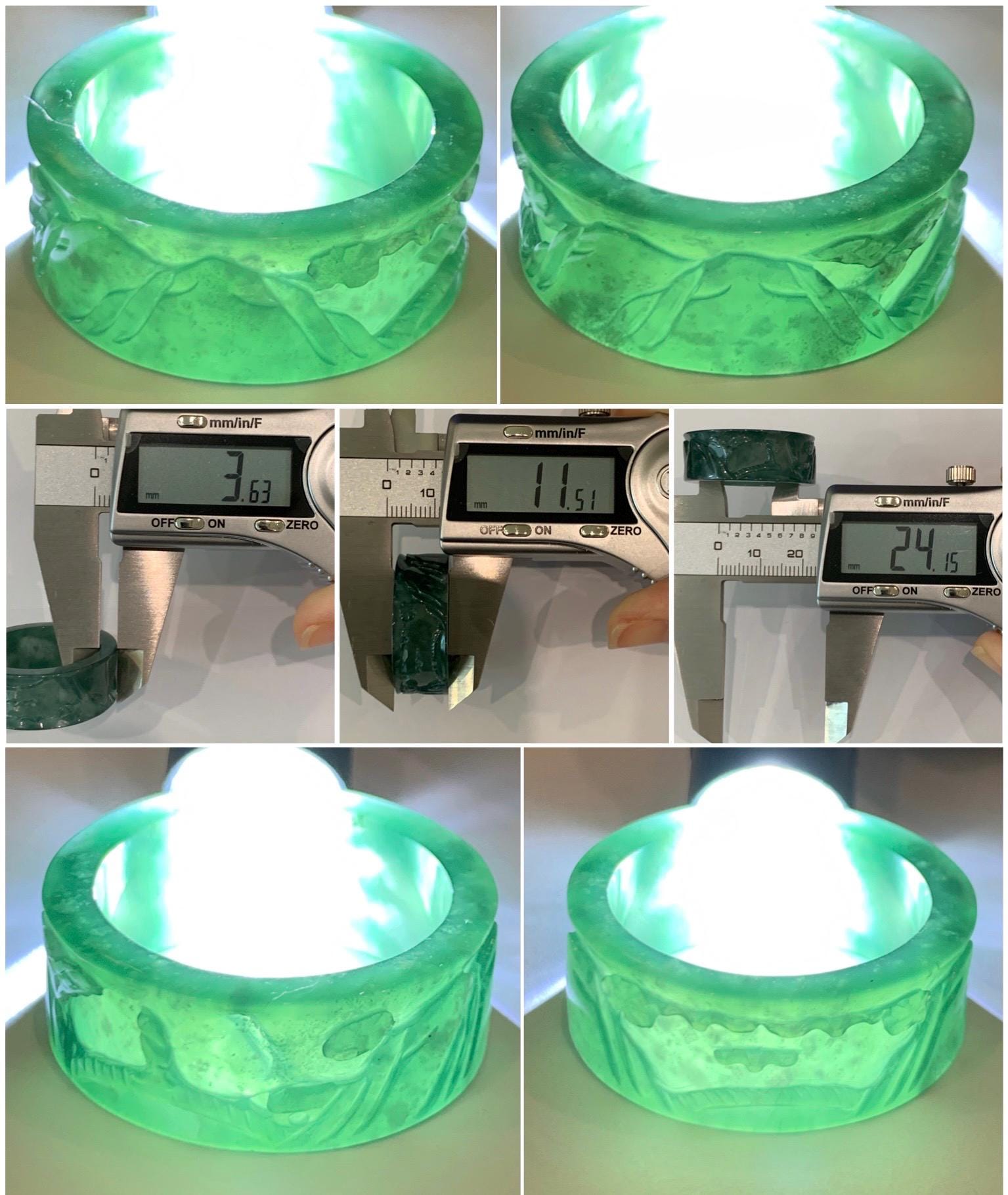 Natural Grade A Guatemalan Icy Translucent Dark Teal Green Jade Jadeite Engraved Band Ring Size 15 US 10g 天然冰危深蓝绿翡翠山水戒圈 SHBZB