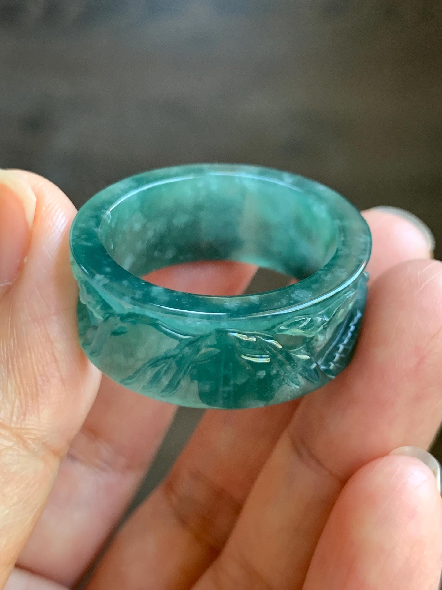 Natural Grade A Guatemalan Icy Translucent Dark Teal Green Jade Jadeite Engraved Band Ring Size 15 US 10g 天然冰危深蓝绿翡翠山水戒圈 SHBZB
