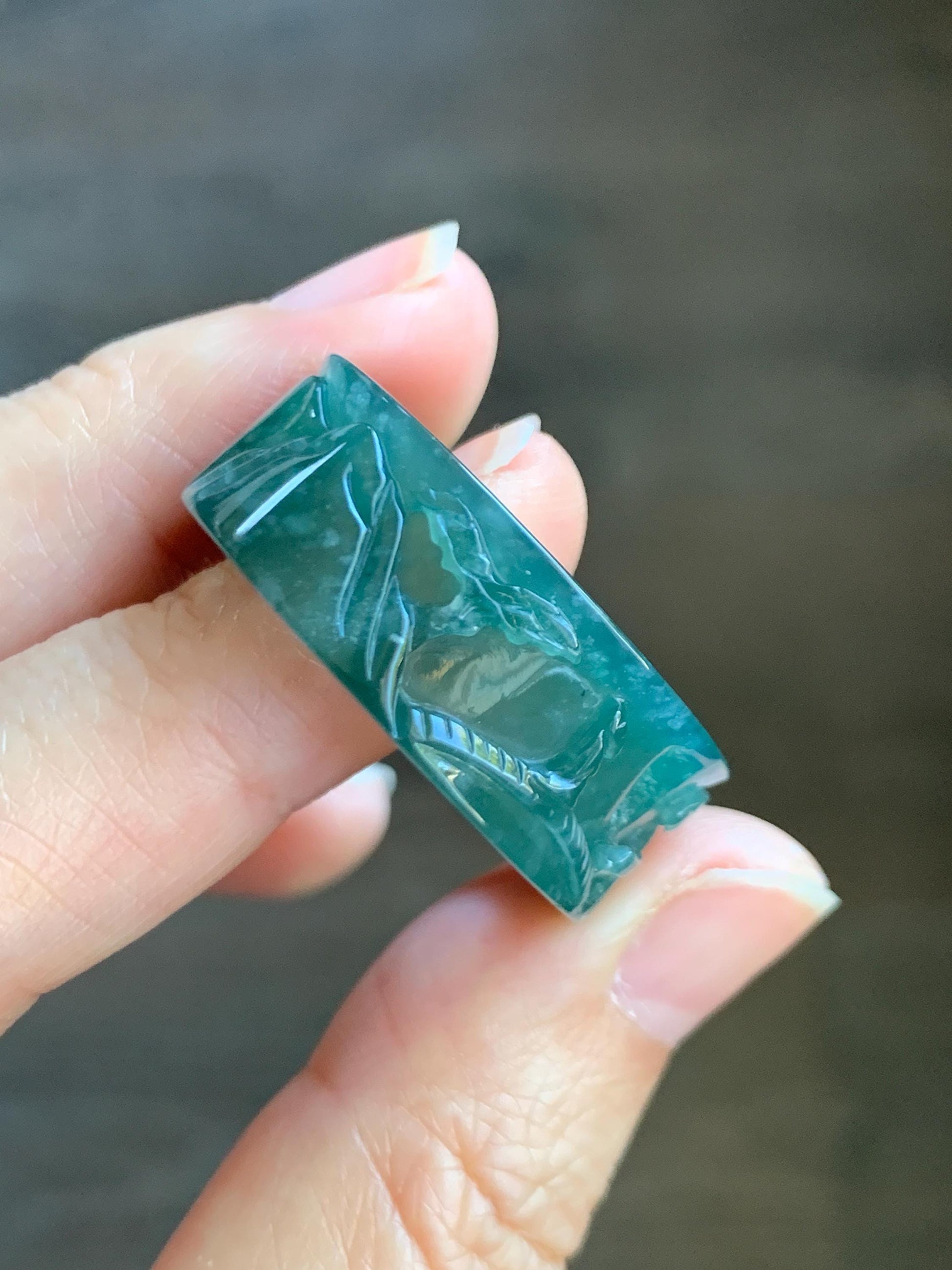 Natural Grade A Guatemalan Icy Translucent Dark Teal Green Jade Jadeite Engraved Band Ring Size 15 US 10g 天然冰危深蓝绿翡翠山水戒圈 SHBZB