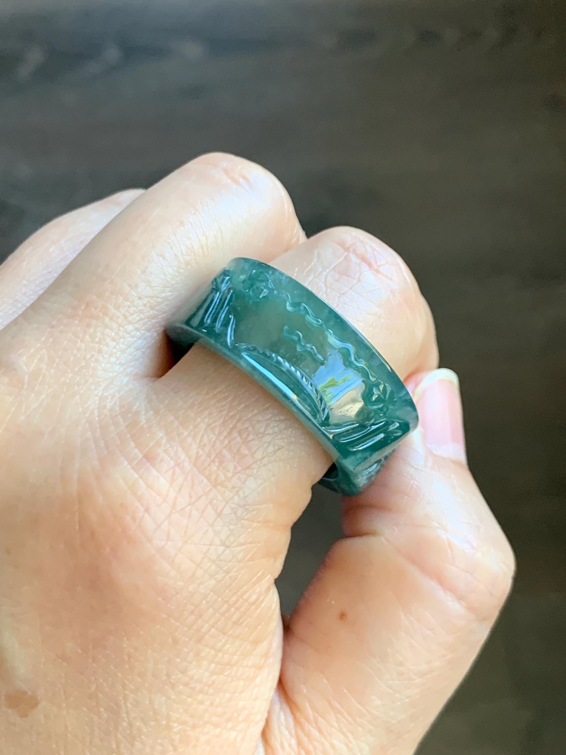 Natural Grade A Guatemalan Icy Translucent Dark Teal Green Jade Jadeite Engraved Band Ring Size 15 US 10g 天然冰危深蓝绿翡翠山水戒圈 SHBZB