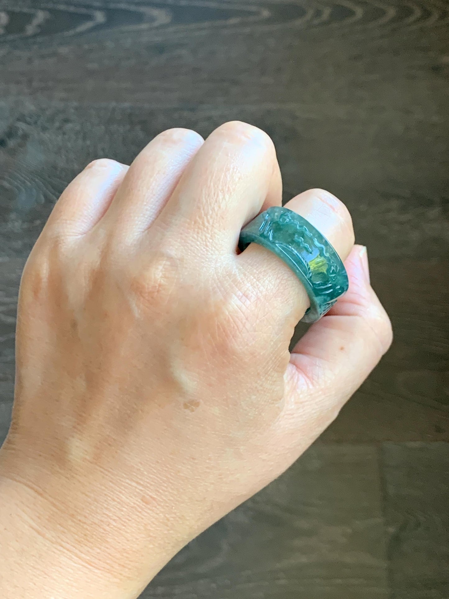 Natural Grade A Guatemalan Icy Translucent Dark Teal Green Jade Jadeite Engraved Band Ring Size 15 US 10g 天然冰危深蓝绿翡翠山水戒圈 SHBZB