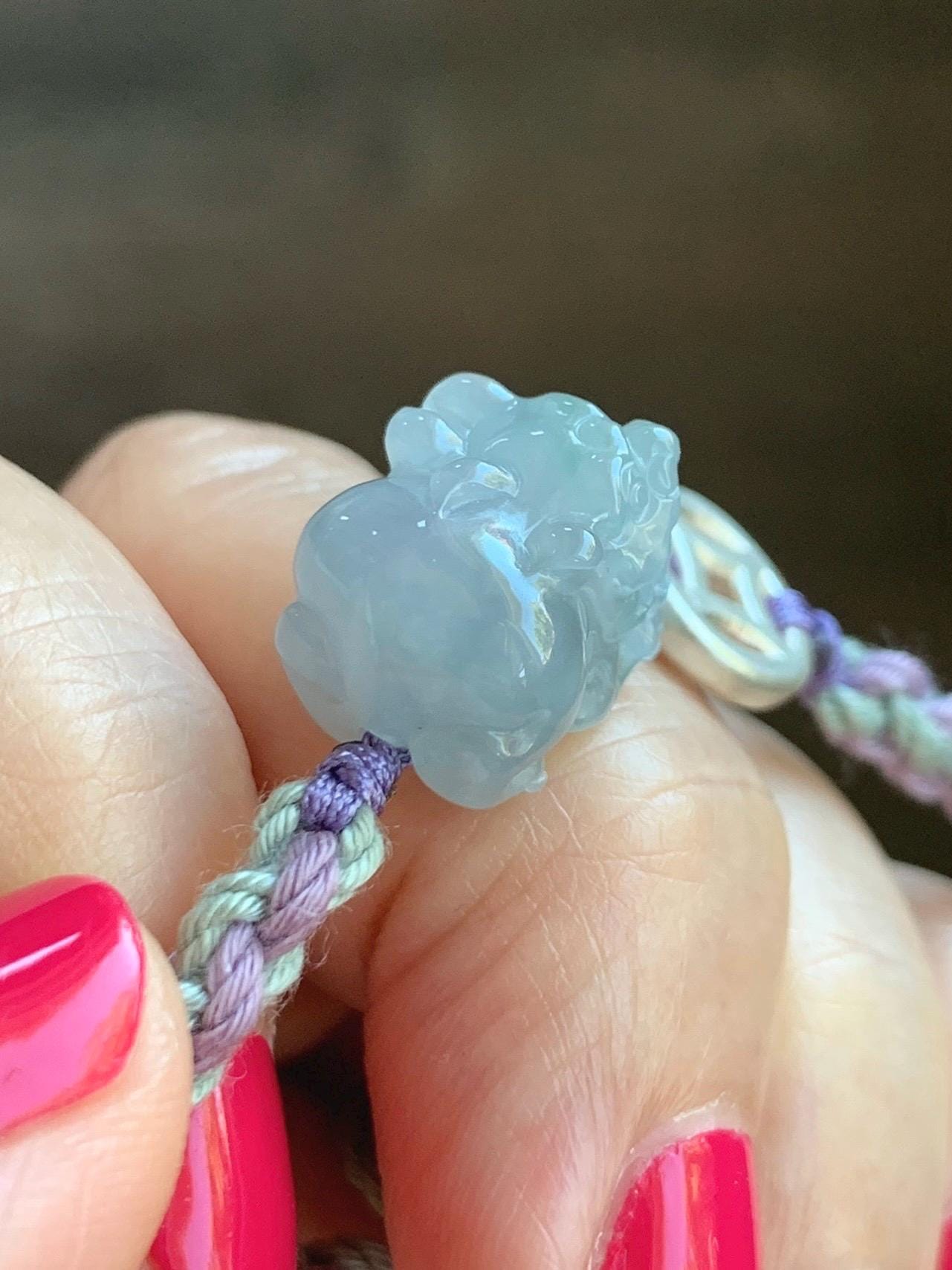 Natural Grade A Icy Translucent Gelatinous Pastel Purplish Blue Jade Jadeite Pixiu Rope Bracelet Sterling Silver 6g 天然冰胶淡紫翡翠貔貅含珠手绳 MZP275