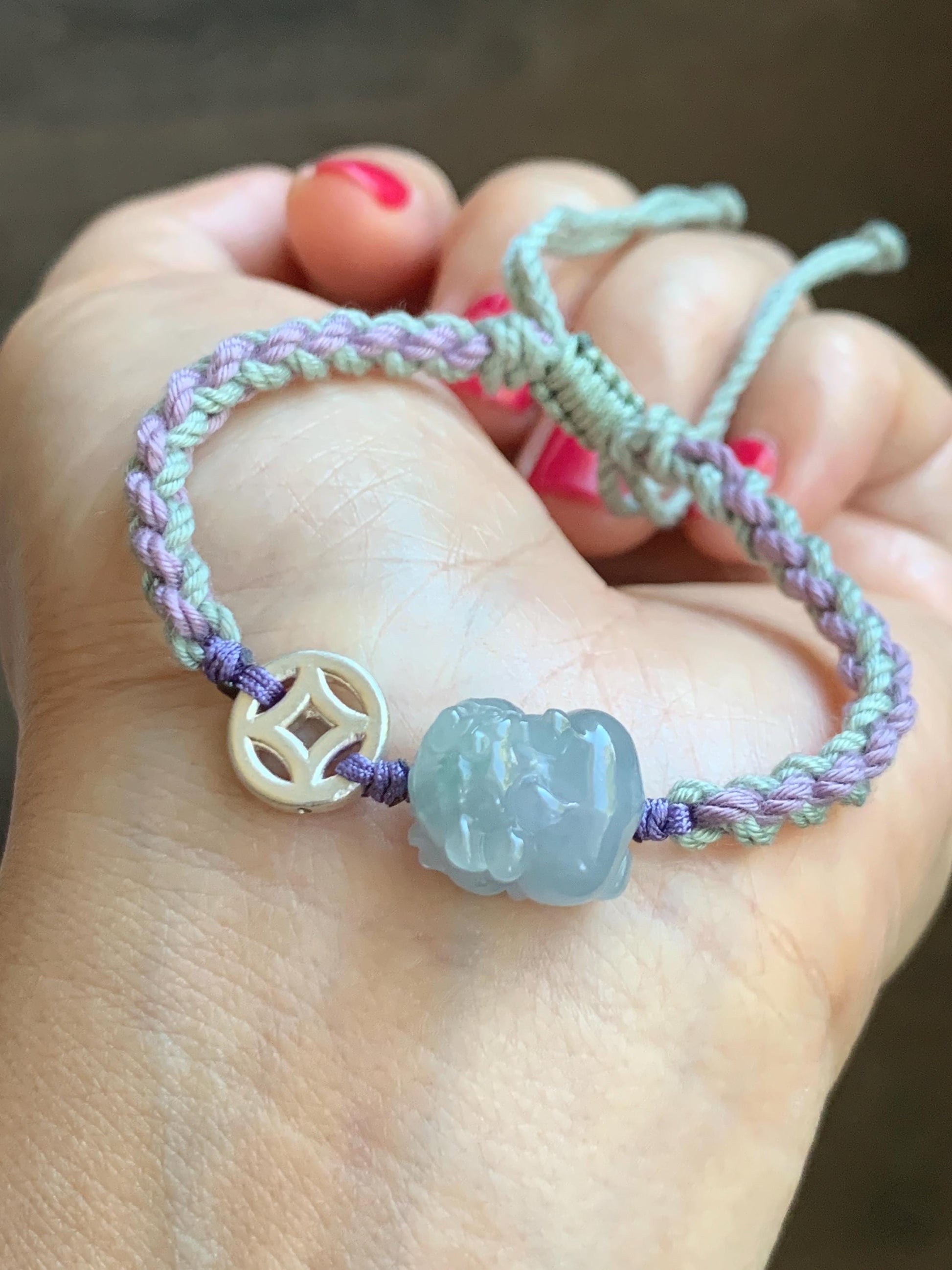 Natural Grade A Icy Translucent Gelatinous Pastel Purplish Blue Jade Jadeite Pixiu Rope Bracelet Sterling Silver 6g 天然冰胶淡紫翡翠貔貅含珠手绳 MZP275