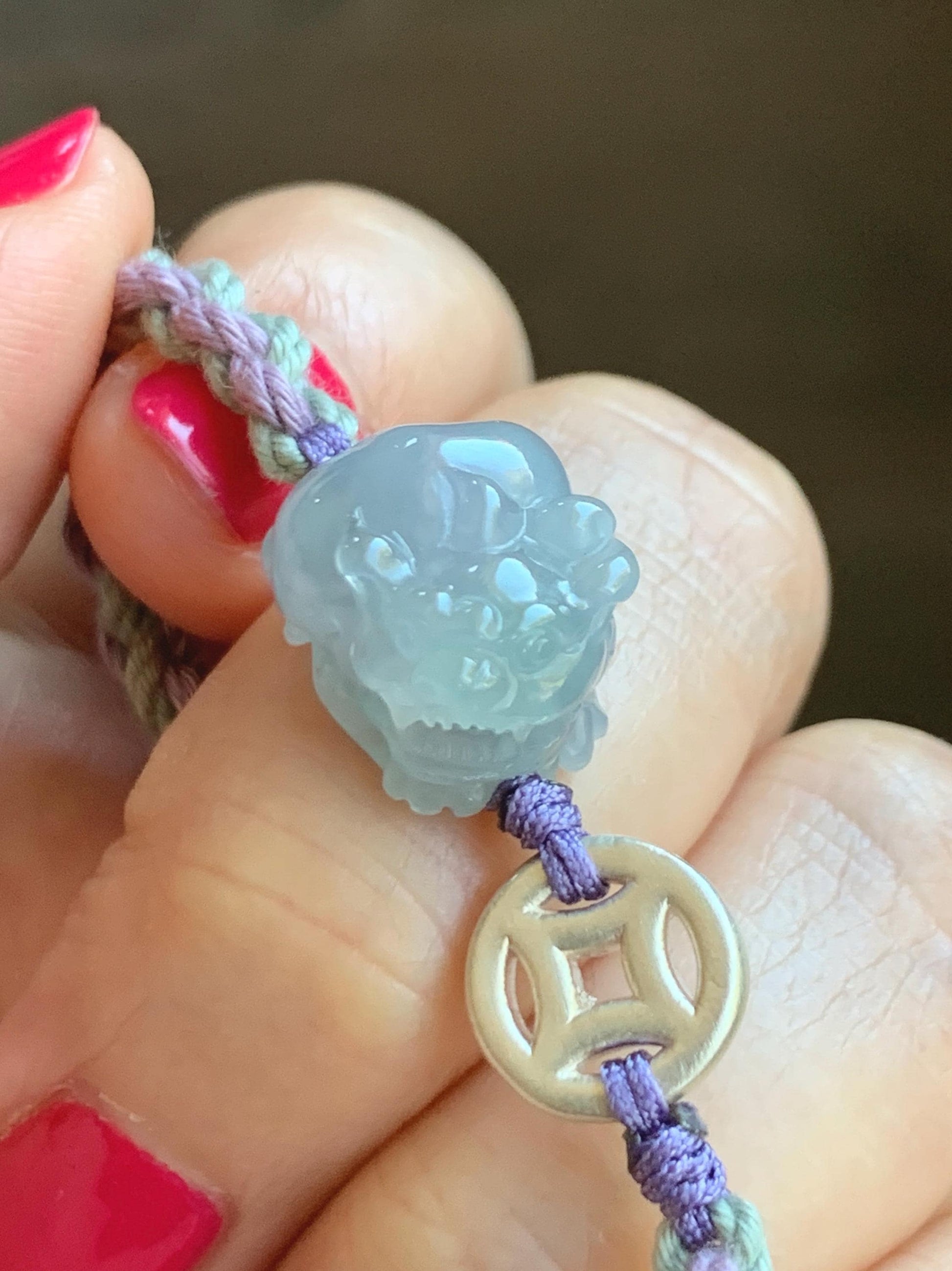 Natural Grade A Icy Translucent Gelatinous Pastel Purplish Blue Jade Jadeite Pixiu Rope Bracelet Sterling Silver 6g 天然冰胶淡紫翡翠貔貅含珠手绳 MZP275