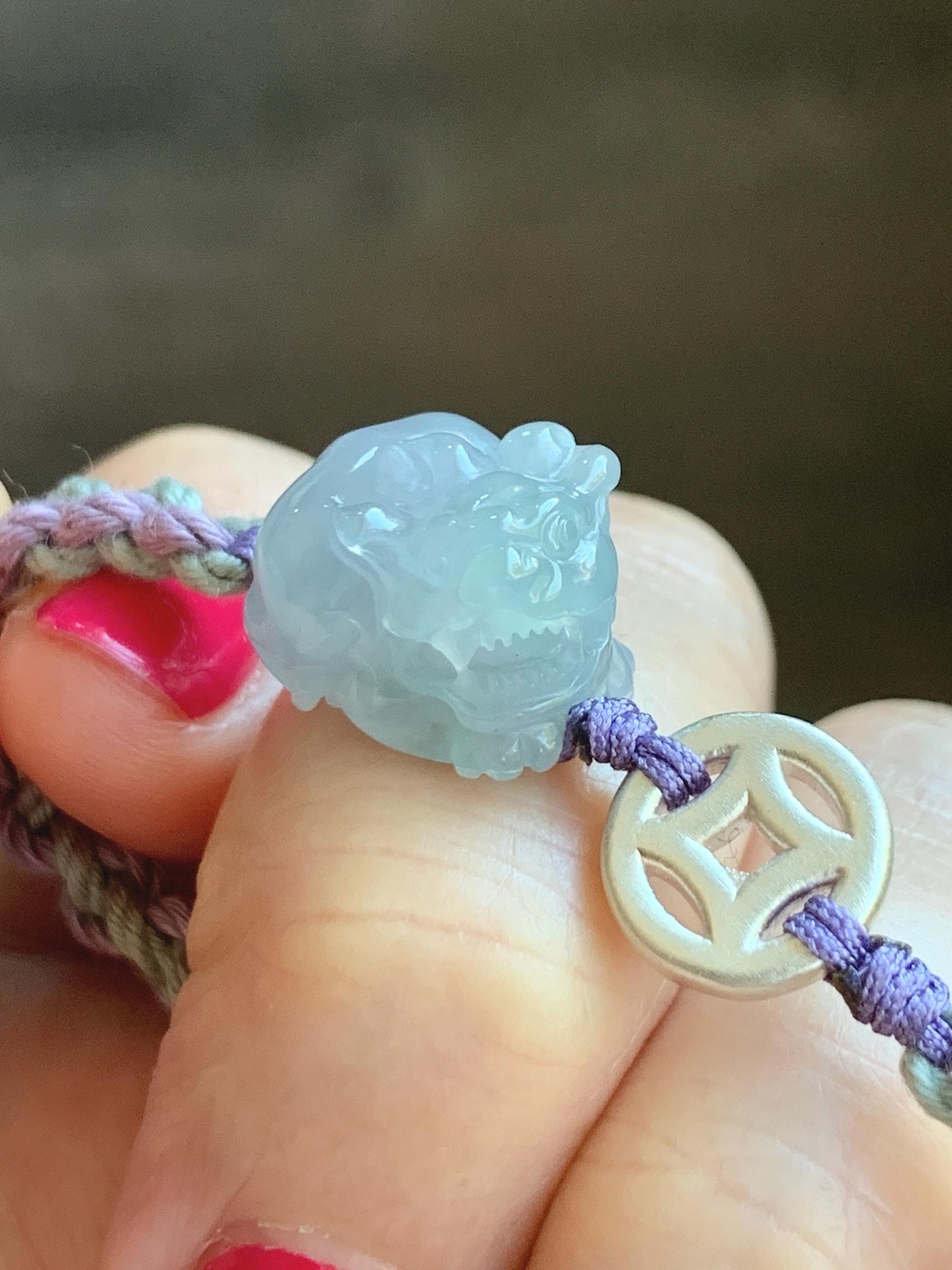 Natural Grade A Icy Translucent Gelatinous Pastel Purplish Blue Jade Jadeite Pixiu Rope Bracelet Sterling Silver 6g 天然冰胶淡紫翡翠貔貅含珠手绳 MZP275