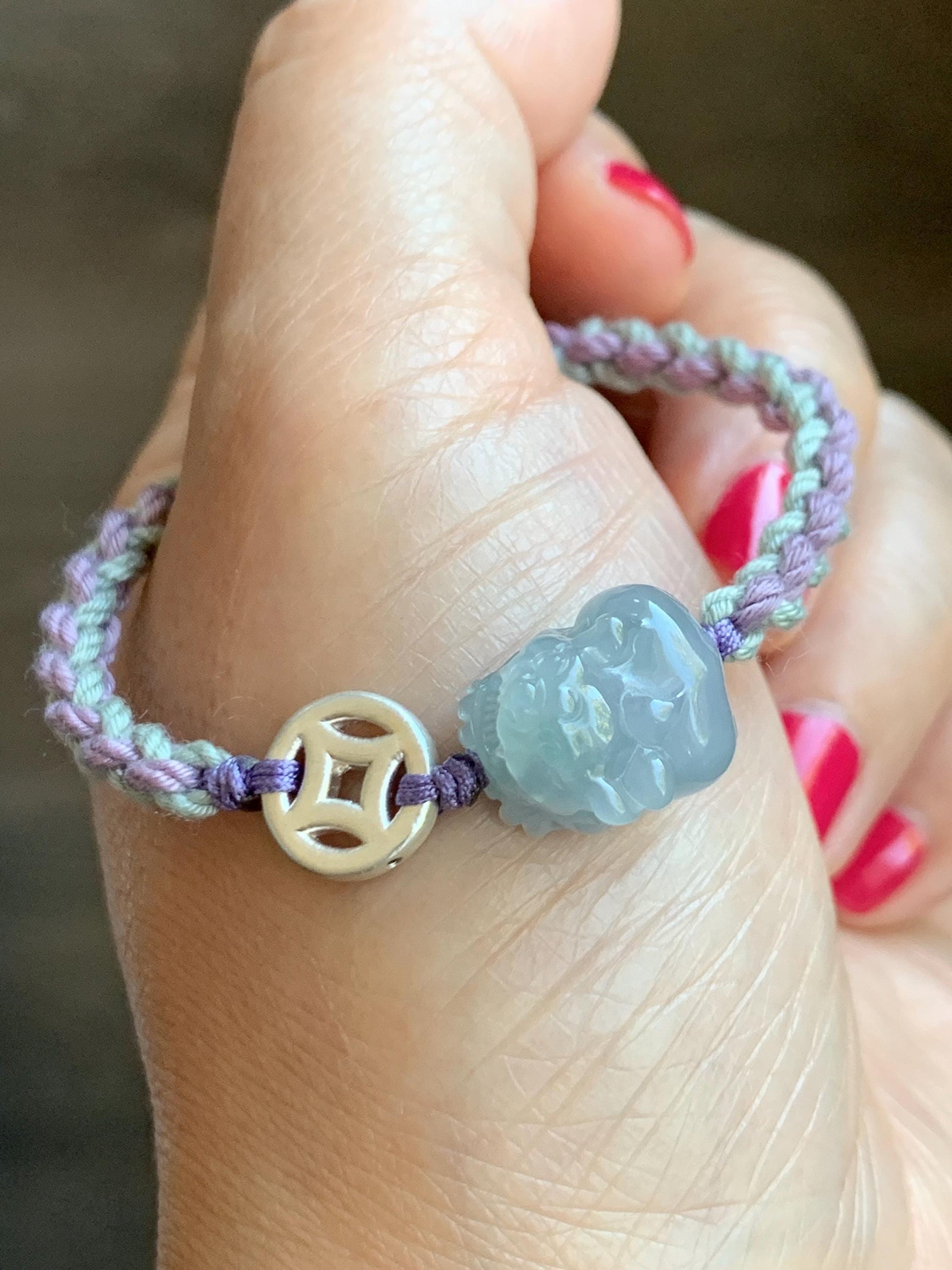 Natural Grade A Icy Translucent Gelatinous Pastel Purplish Blue Jade Jadeite Pixiu Rope Bracelet Sterling Silver 6g 天然冰胶淡紫翡翠貔貅含珠手绳 MZP275
