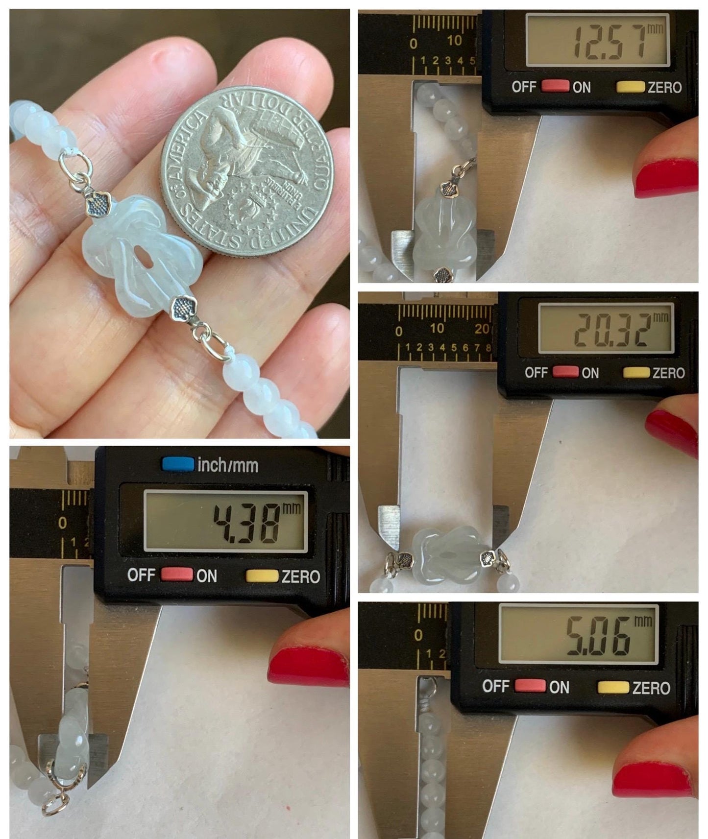 Natural Grade A Icy Translucent Gelatinous White Jade Jadeite Carved Chinese Knot Beaded Bracelet Sterling Silver 7” 天然冰胶白翡翠中国结圆珠手串 ZGJ215A