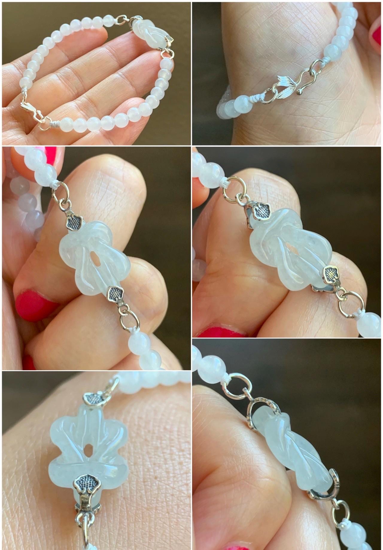 Natural Grade A Icy Translucent Gelatinous White Jade Jadeite Carved Chinese Knot Beaded Bracelet Sterling Silver 7” 天然冰胶白翡翠中国结圆珠手串 ZGJ215A