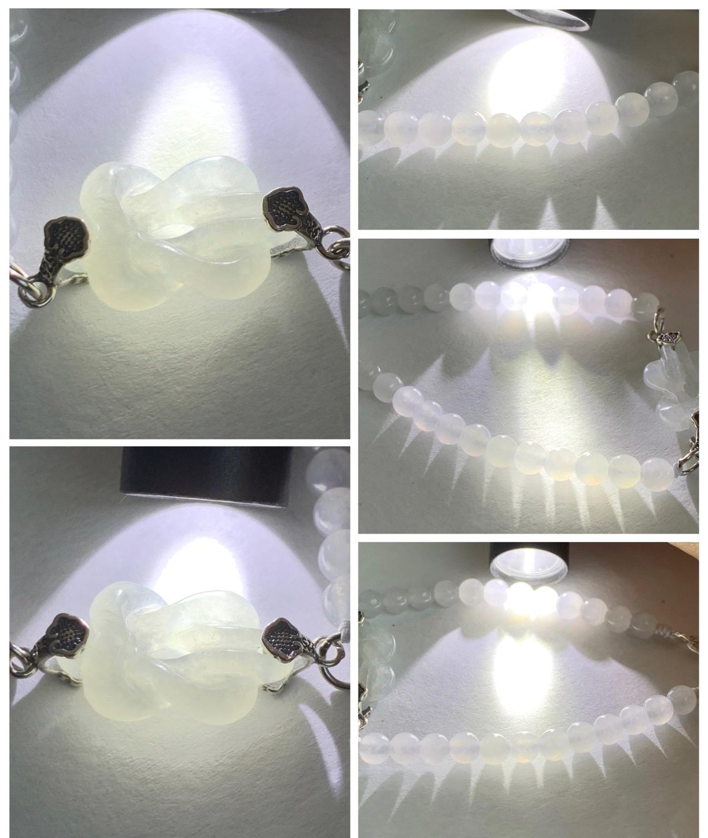 Natural Grade A Icy Translucent Gelatinous White Jade Jadeite Carved Chinese Knot Beaded Bracelet Sterling Silver 7” 天然冰胶白翡翠中国结圆珠手串 ZGJ215A