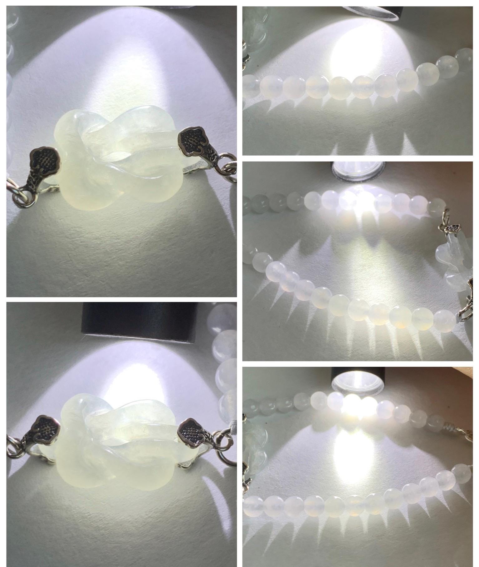 Natural Grade A Icy Translucent Gelatinous White Jade Jadeite Carved Chinese Knot Beaded Bracelet Sterling Silver 7” 天然冰胶白翡翠中国结圆珠手串 ZGJ215A