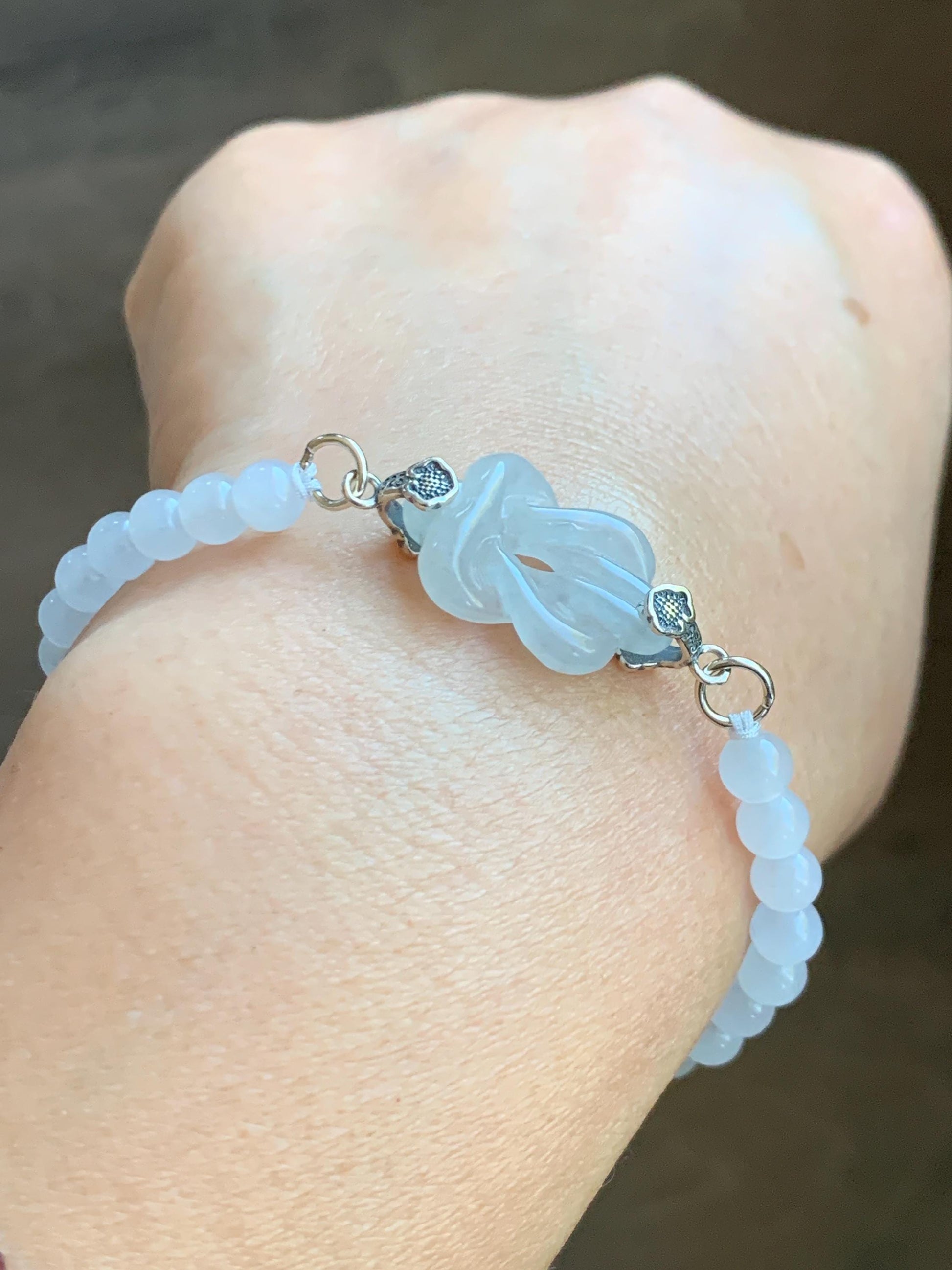 Natural Grade A Icy Translucent Gelatinous White Jade Jadeite Carved Chinese Knot Beaded Bracelet Sterling Silver 7” 天然冰胶白翡翠中国结圆珠手串 ZGJ215A