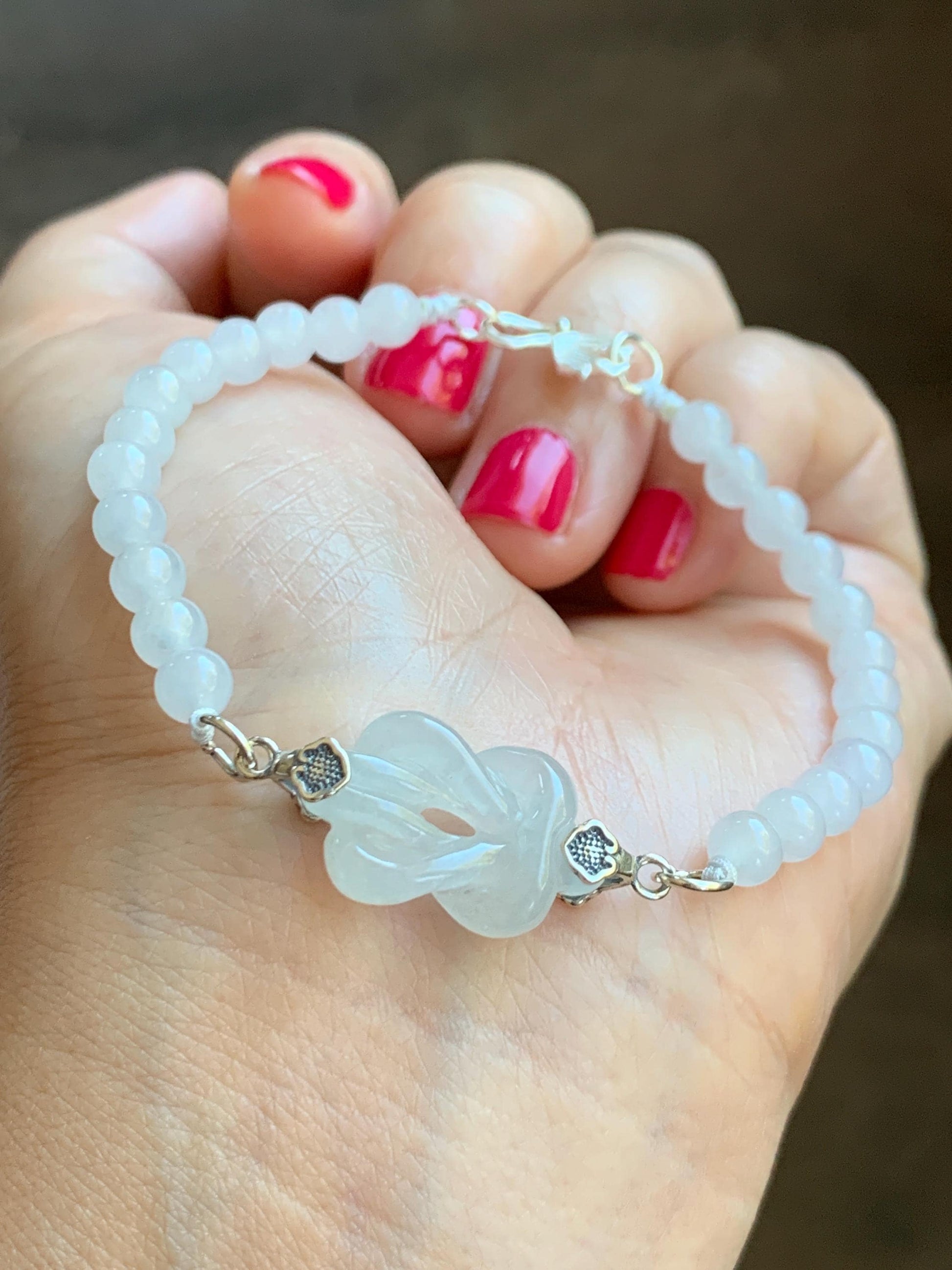 Natural Grade A Icy Translucent Gelatinous White Jade Jadeite Carved Chinese Knot Beaded Bracelet Sterling Silver 7” 天然冰胶白翡翠中国结圆珠手串 ZGJ215A