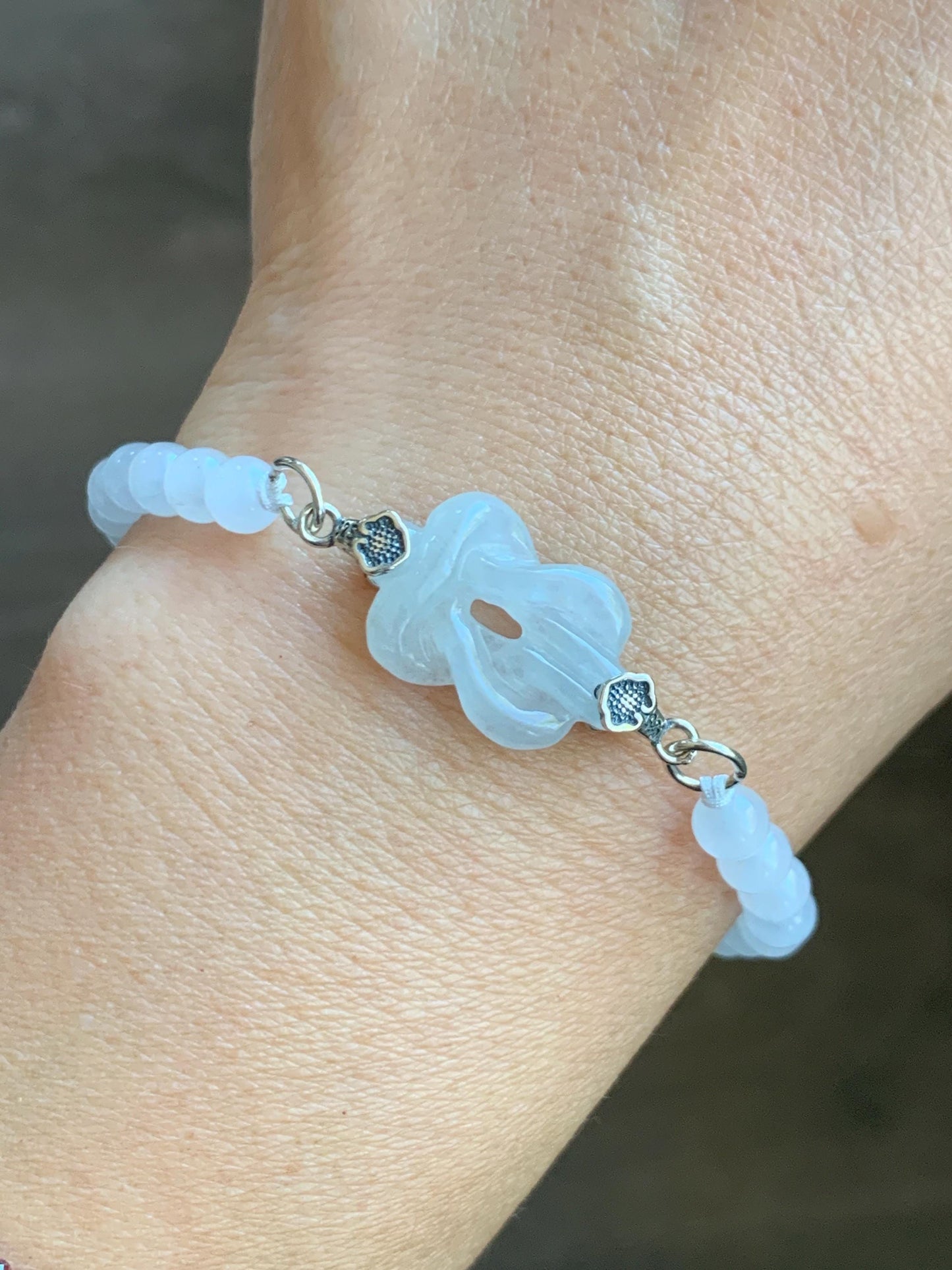 Natural Grade A Icy Translucent Gelatinous White Jade Jadeite Carved Chinese Knot Beaded Bracelet Sterling Silver 7” 天然冰胶白翡翠中国结圆珠手串 ZGJ215A