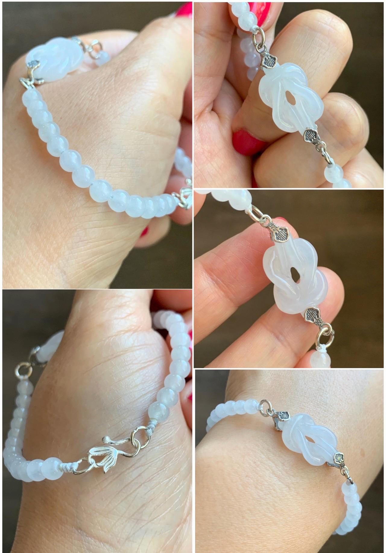 Natural Grade A Icy Translucent Gelatinous White Jade Jadeite Carved Chinese Knot Beaded Bracelet Sterling Silver 7.25" 天然冰胶白翡翠中国结手串 ZGJ215B