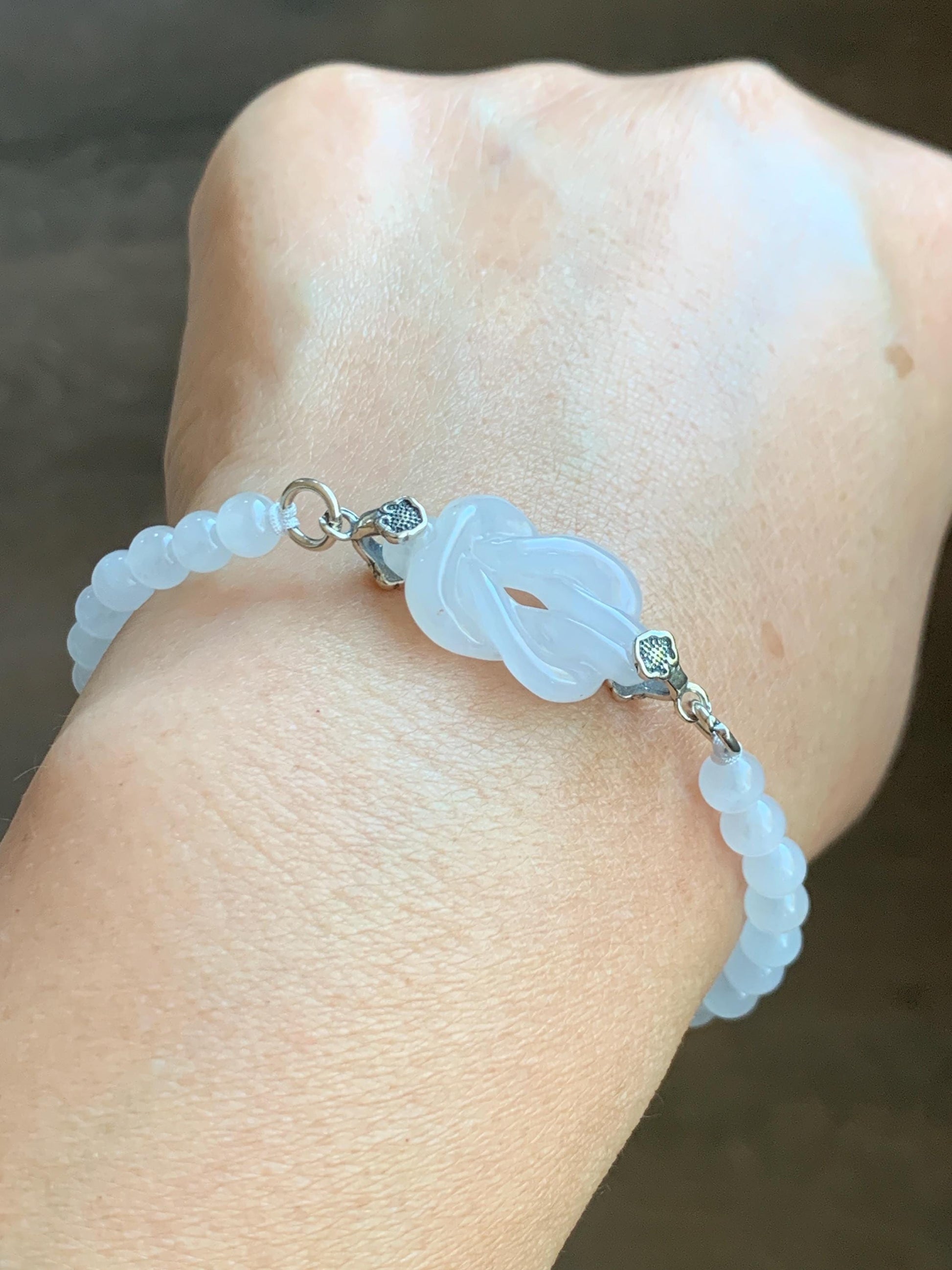 Natural Grade A Icy Translucent Gelatinous White Jade Jadeite Carved Chinese Knot Beaded Bracelet Sterling Silver 7.25" 天然冰胶白翡翠中国结手串 ZGJ215B