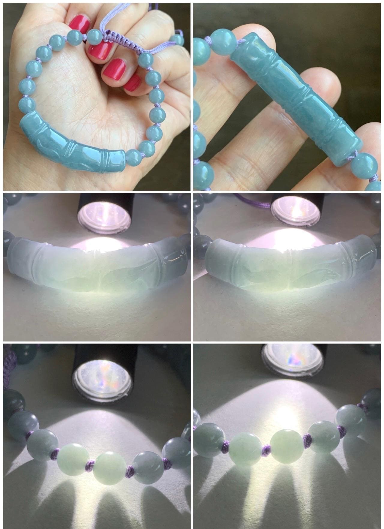 Natural Grade A Guatemalan Icy Translucent Dusty Blue Jade Jadeite Carved Bamboo Stalk Cuff Beaded Bracelet 6.75” 21g 天然冰危蓝翡翠竹节手牌手串 WLZJ77