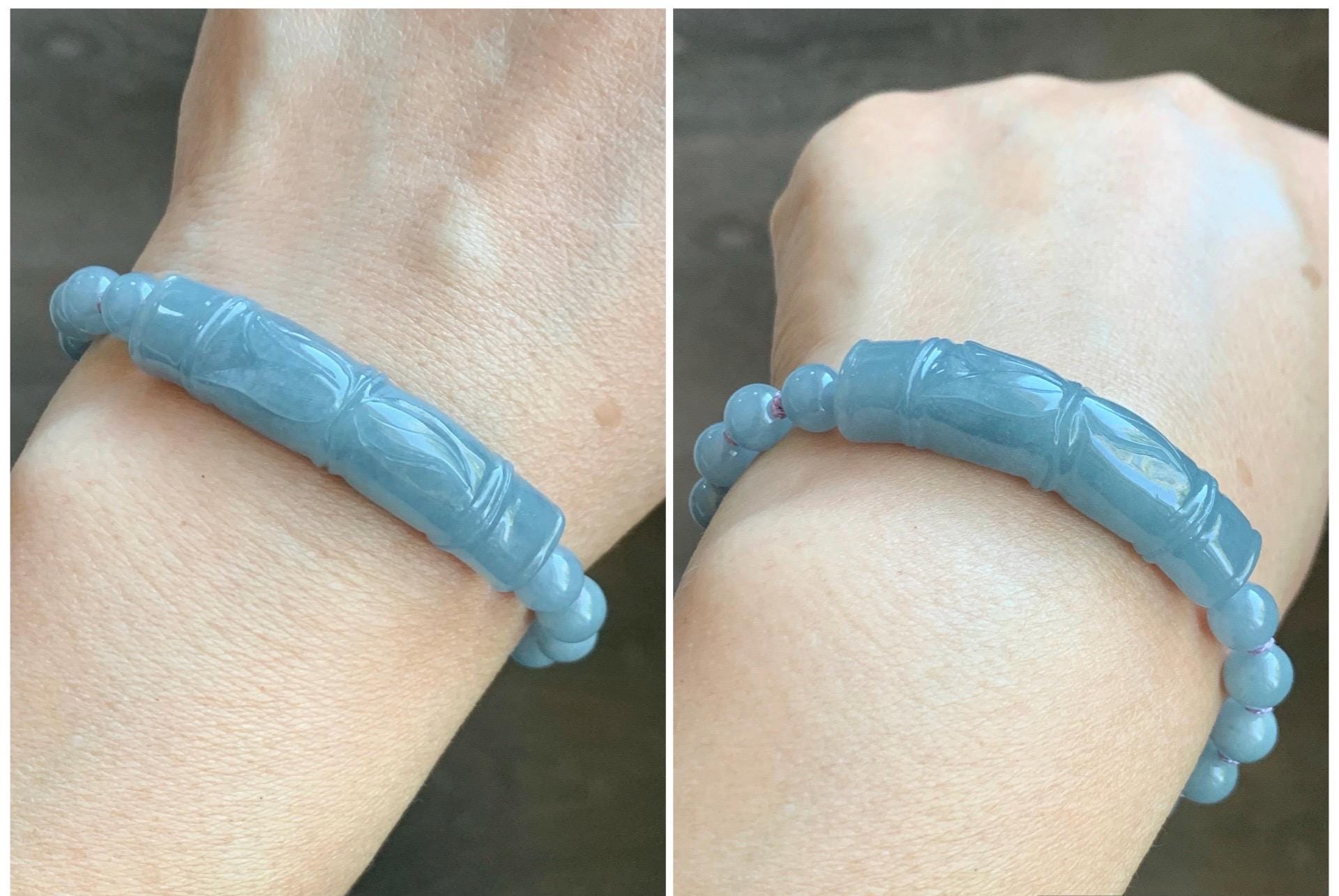 Natural Grade A Guatemalan Icy Translucent Dusty Blue Jade Jadeite Carved Bamboo Stalk Cuff Beaded Bracelet 6.75” 21g 天然冰危蓝翡翠竹节手牌手串 WLZJ77