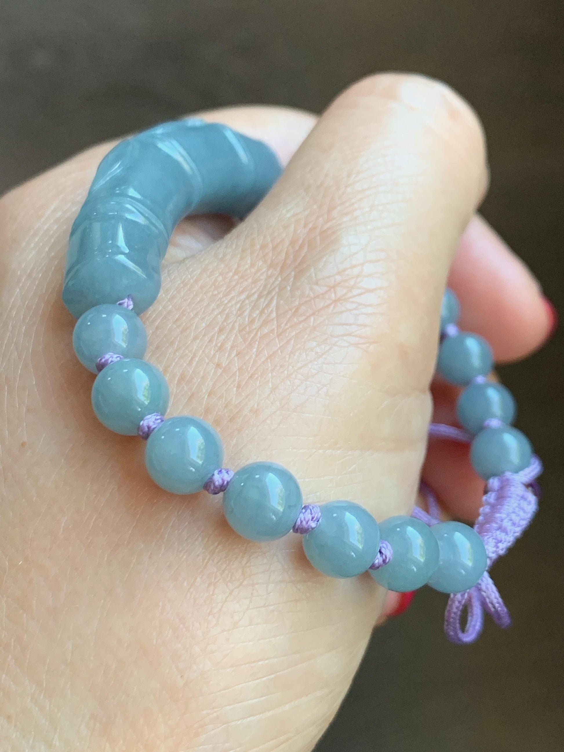 Natural Grade A Guatemalan Icy Translucent Dusty Blue Jade Jadeite Carved Bamboo Stalk Cuff Beaded Bracelet 6.75” 21g 天然冰危蓝翡翠竹节手牌手串 WLZJ77