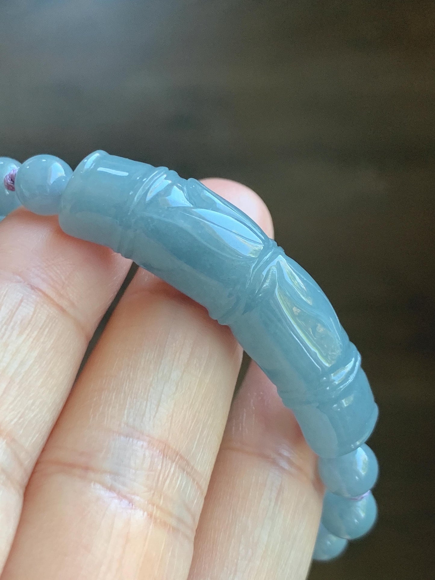 Natural Grade A Guatemalan Icy Translucent Dusty Blue Jade Jadeite Carved Bamboo Stalk Cuff Beaded Bracelet 6.75” 21g 天然冰危蓝翡翠竹节手牌手串 WLZJ77