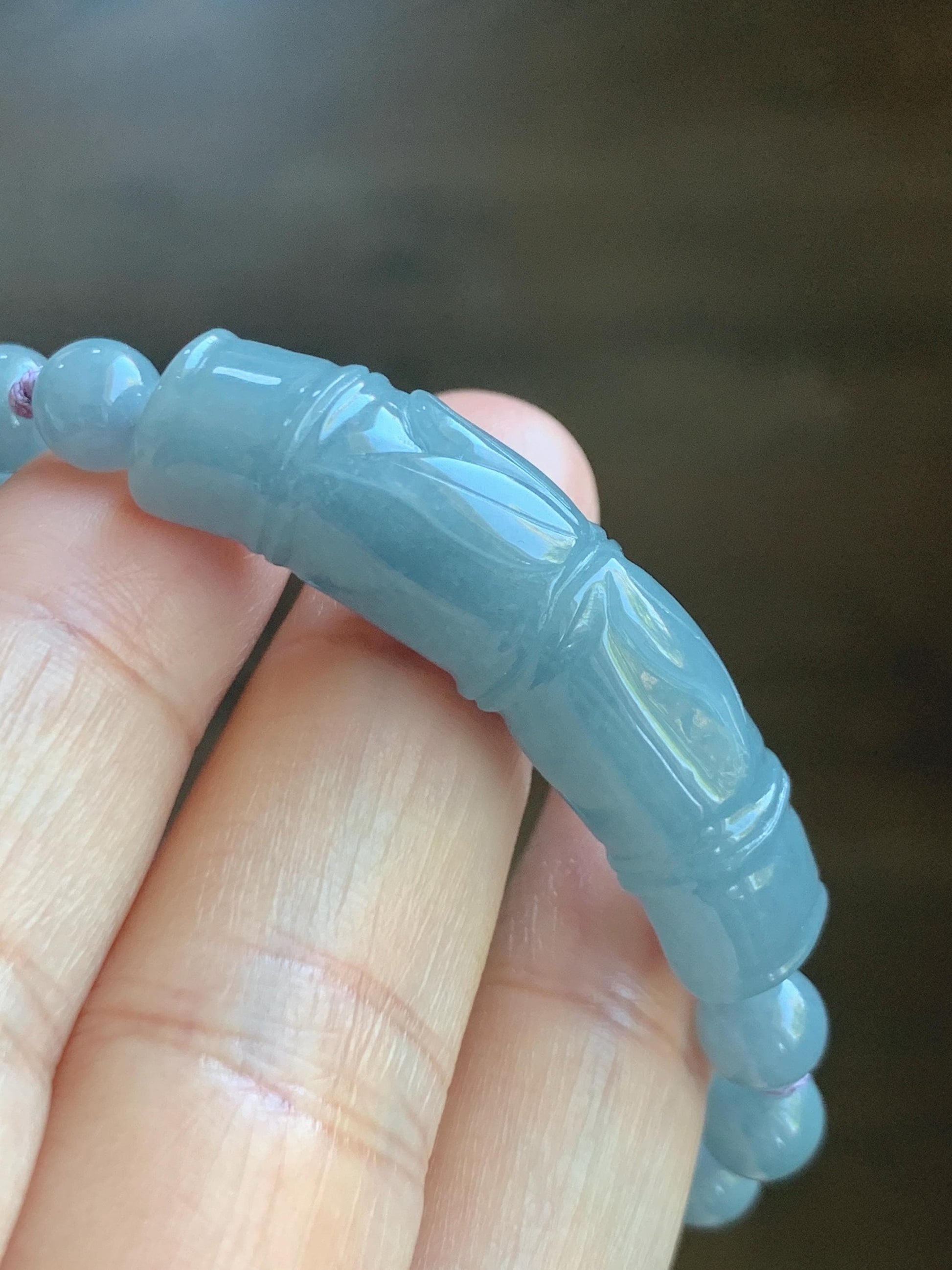 Natural Grade A Guatemalan Icy Translucent Dusty Blue Jade Jadeite Carved Bamboo Stalk Cuff Beaded Bracelet 6.75” 21g 天然冰危蓝翡翠竹节手牌手串 WLZJ77