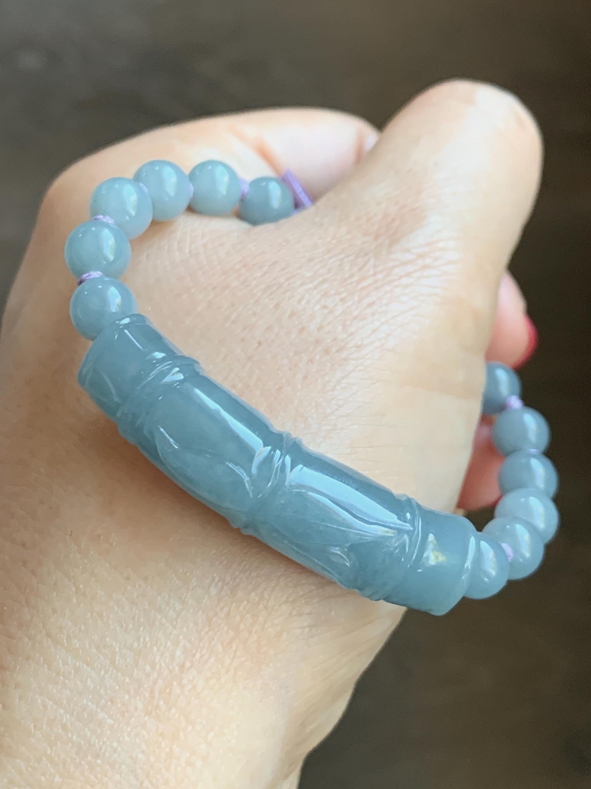 Natural Grade A Guatemalan Icy Translucent Dusty Blue Jade Jadeite Carved Bamboo Stalk Cuff Beaded Bracelet 6.75” 21g 天然冰危蓝翡翠竹节手牌手串 WLZJ77