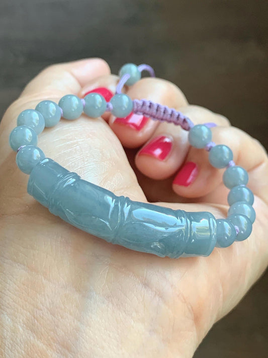 Natural Grade A Guatemalan Icy Translucent Dusty Blue Jade Jadeite Carved Bamboo Stalk Cuff Beaded Bracelet 6.75” 21g 天然冰危蓝翡翠竹节手牌手串 WLZJ77