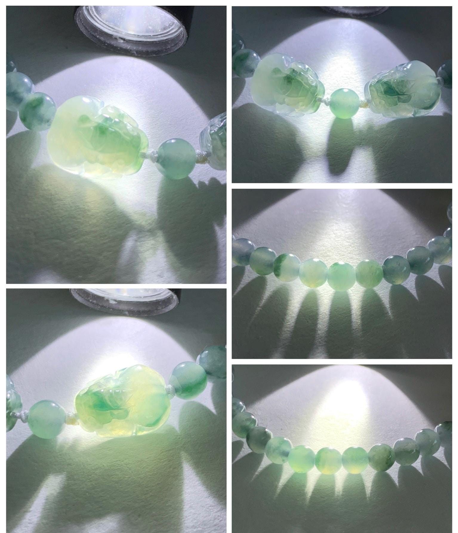 Natural Grade A Icy Highly Translucent Green Marbled Jade Jadeite Double Pixiu Beaded Bracelet 7” Sterling Silver 天然冰胶飘花翡翠双貔貅护主圆珠手串 SPP203