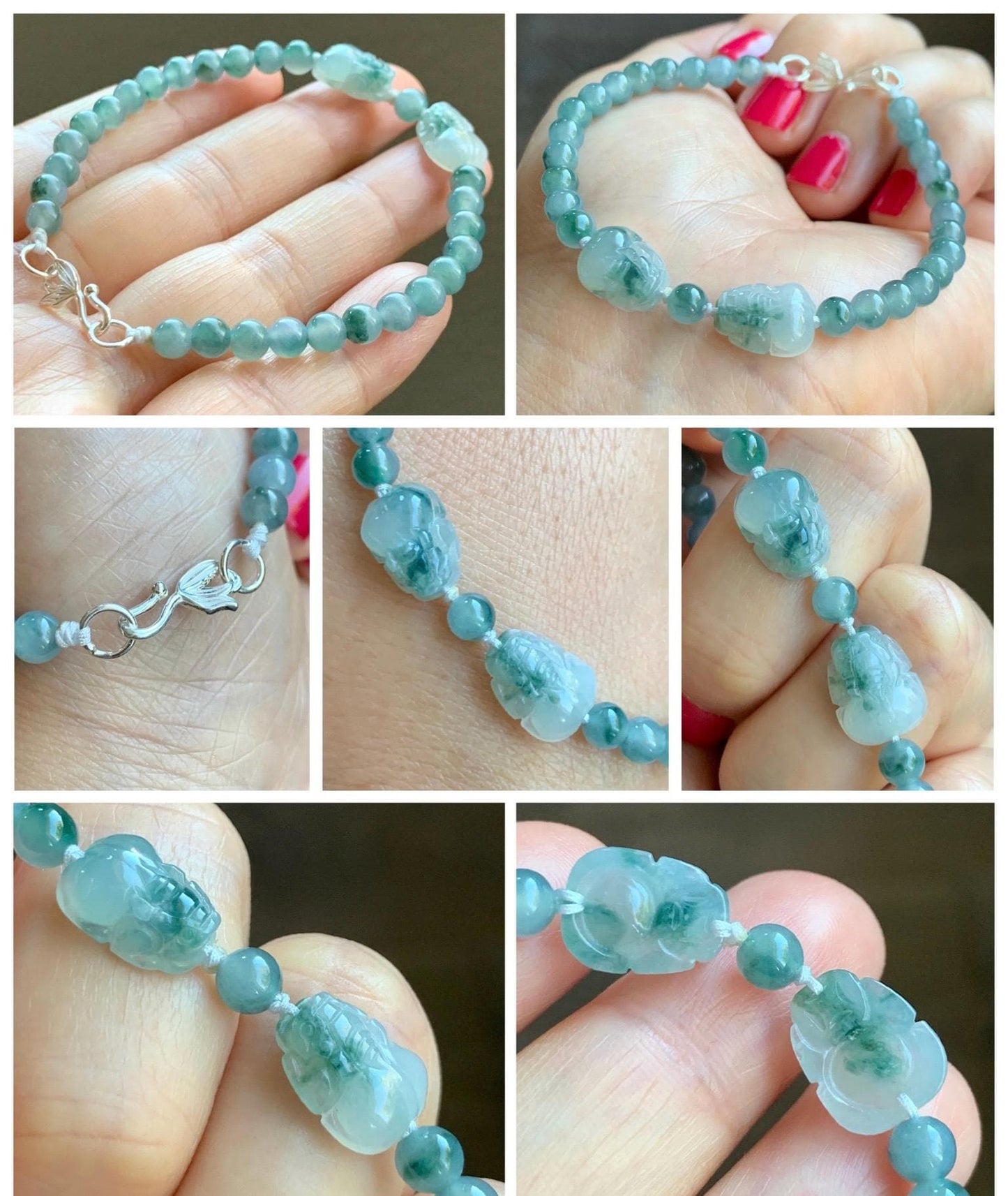 Natural Grade A Icy Highly Translucent Green Marbled Jade Jadeite Double Pixiu Beaded Bracelet 7” Sterling Silver 天然冰胶飘花翡翠双貔貅护主圆珠手串 SPP203