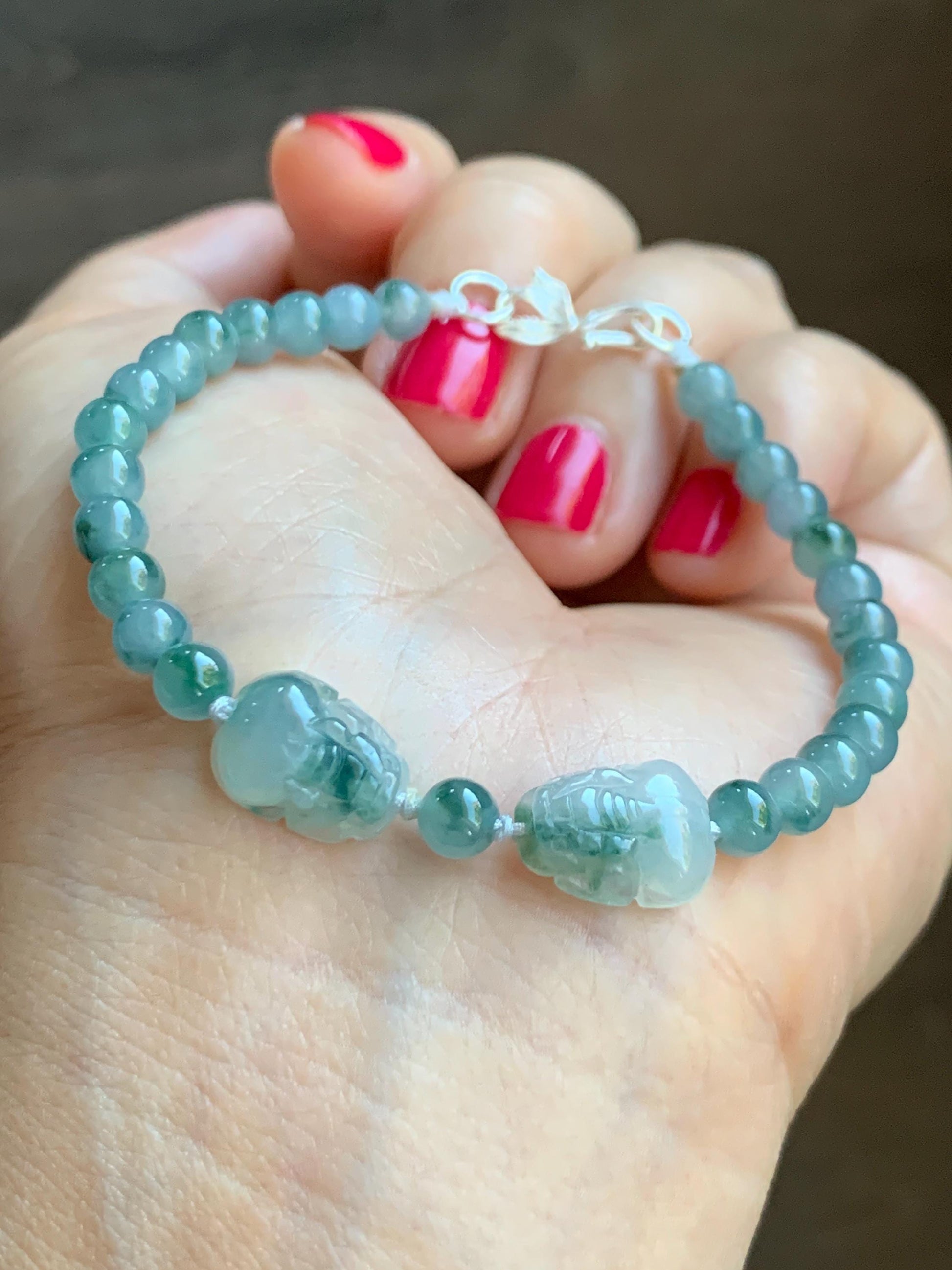 Natural Grade A Icy Highly Translucent Green Marbled Jade Jadeite Double Pixiu Beaded Bracelet 7” Sterling Silver 天然冰胶飘花翡翠双貔貅护主圆珠手串 SPP203
