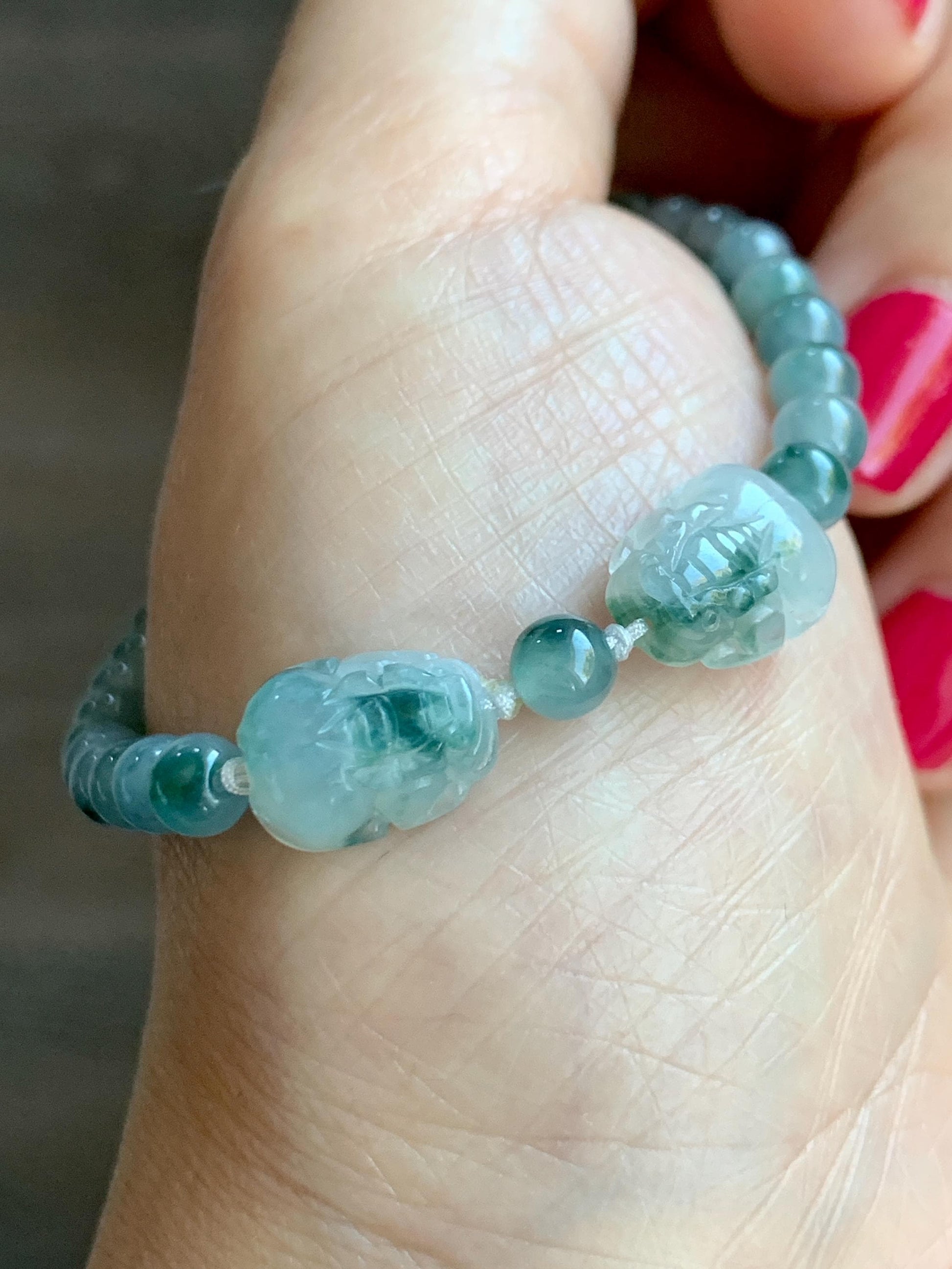 Natural Grade A Icy Highly Translucent Green Marbled Jade Jadeite Double Pixiu Beaded Bracelet 7” Sterling Silver 天然冰胶飘花翡翠双貔貅护主圆珠手串 SPP203