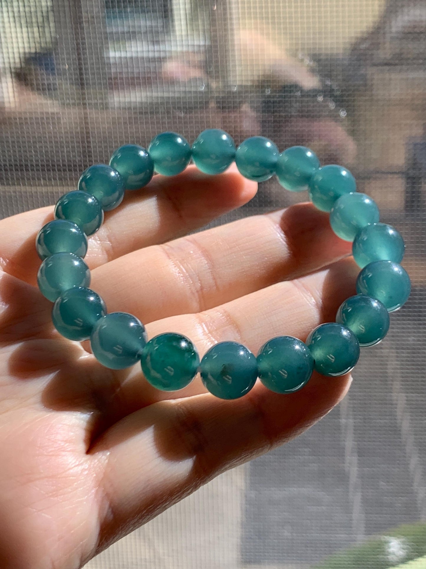 Natural Grade A Guatemalan Icy Translucent Dark Teal Green Jade Jadeite Beaded Bracelet Stretchy 9.8mm 7.25” 31g 天然冰危深蓝绿翡翠圆珠手串 WLL385A