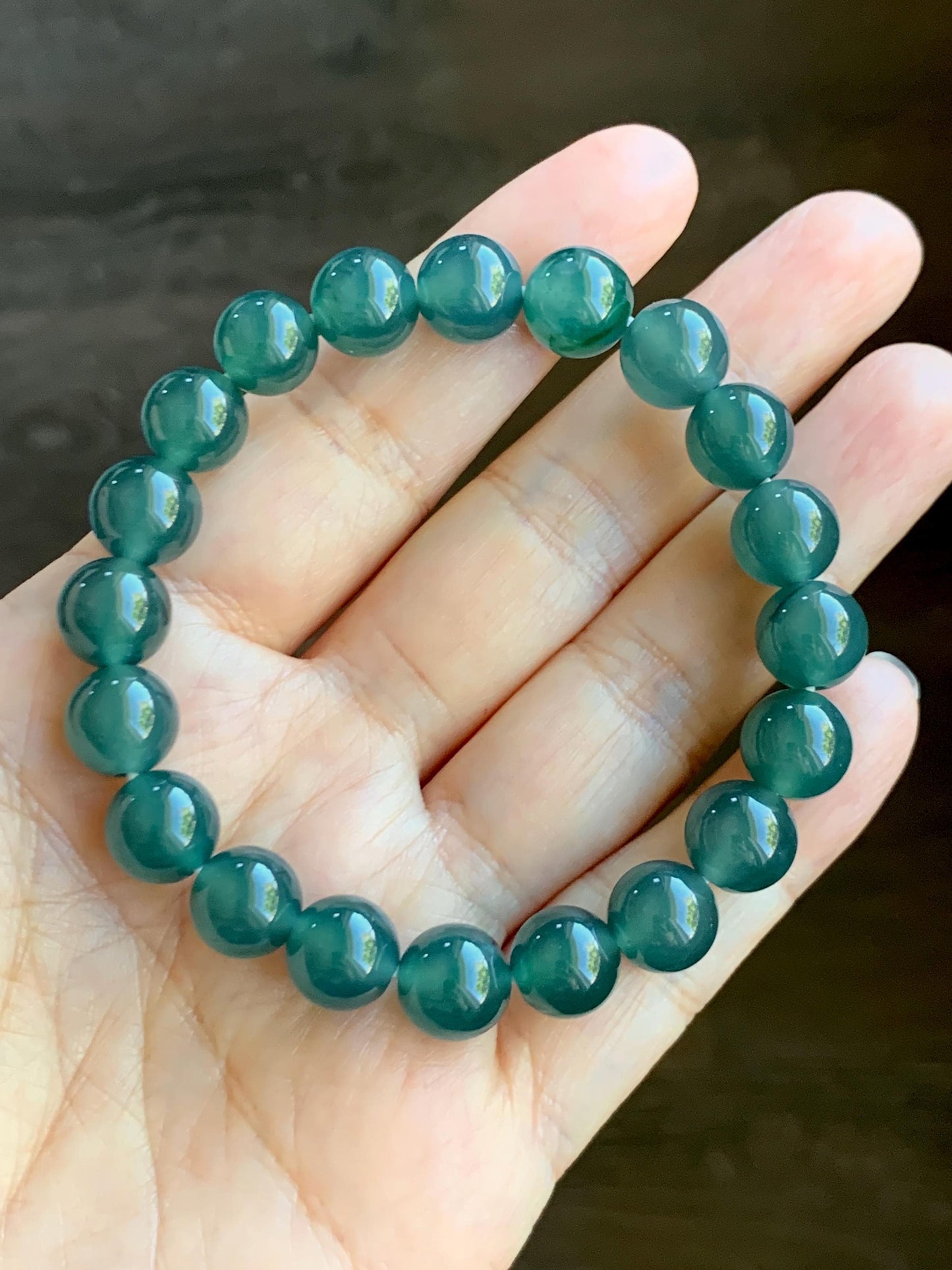 Natural Grade A Guatemalan Icy Translucent Dark Teal Green Jade Jadeite Beaded Bracelet Stretchy 9.8mm 7.25” 31g 天然冰危深蓝绿翡翠圆珠手串 WLL385A