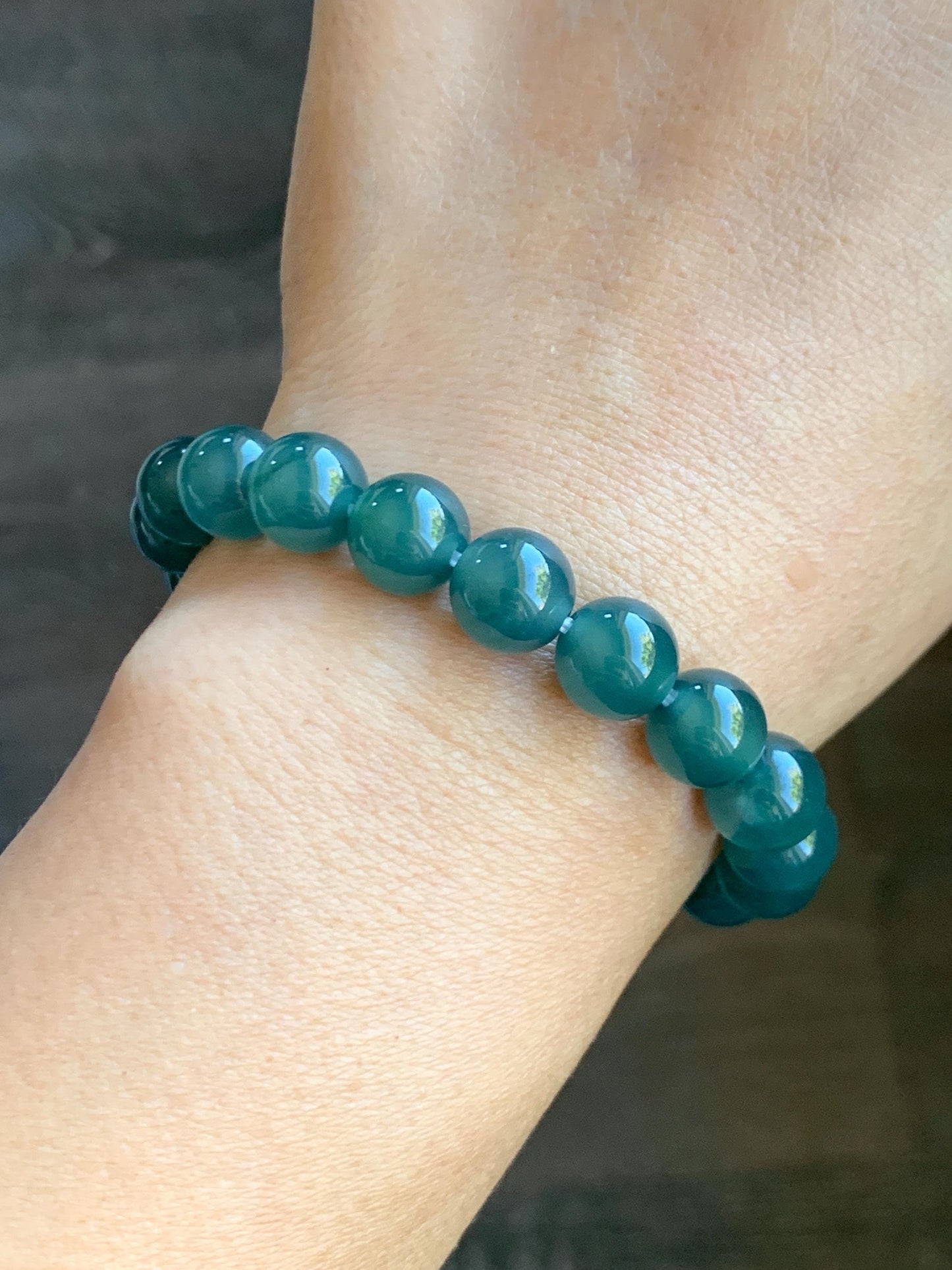 Natural Grade A Guatemalan Icy Translucent Dark Teal Green Jade Jadeite Beaded Bracelet Stretchy 9.8mm 7.25” 31g 天然冰危深蓝绿翡翠圆珠手串 WLL385A