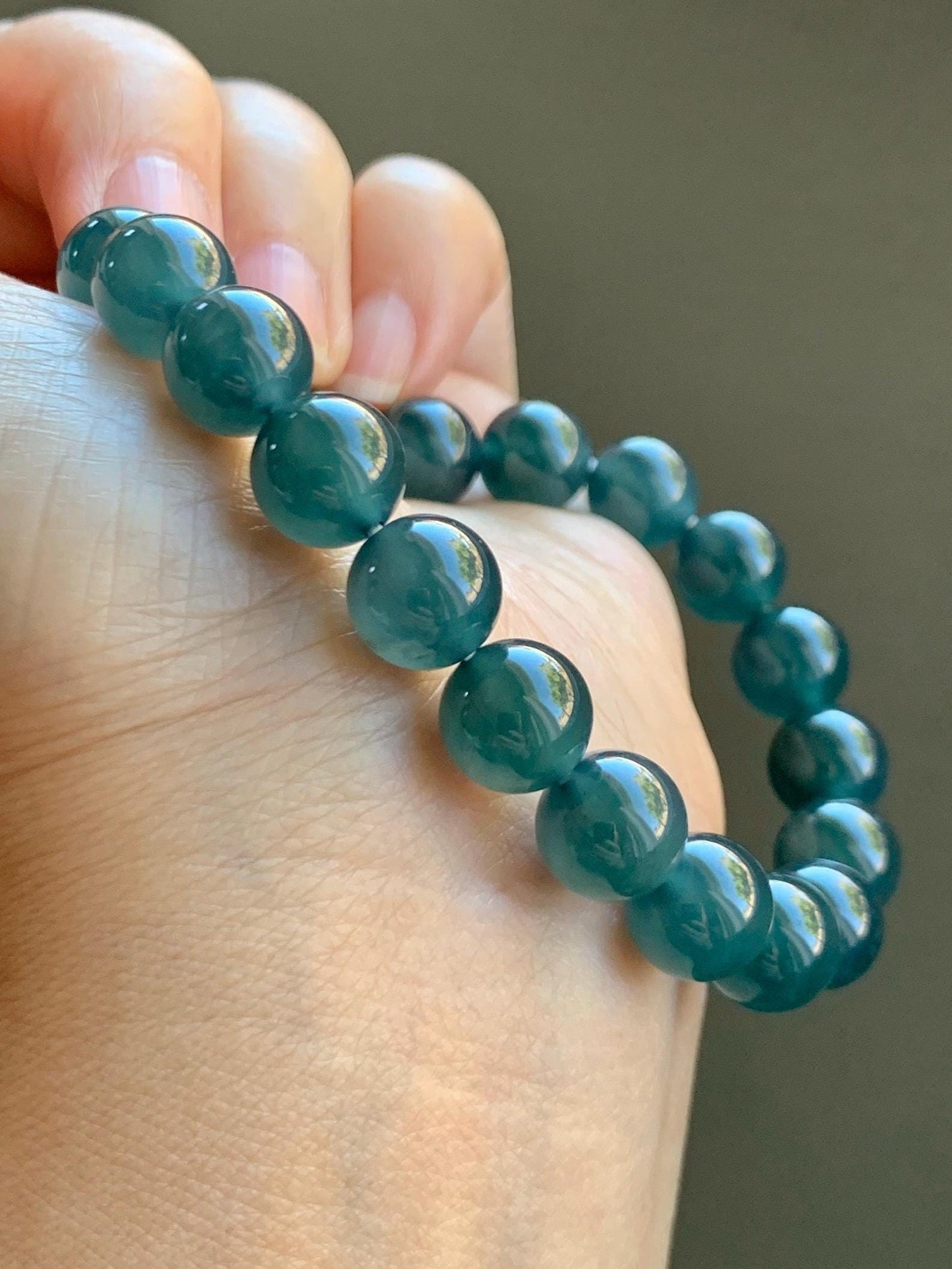 Certified Natural Grade A Guatemalan Icy Highly Translucent Gelatinous Dark Teal Jade Jadeite Beaded Bracelet 10mm 7.4” 天然冰危深蓝绿翡翠圆珠手串 0765