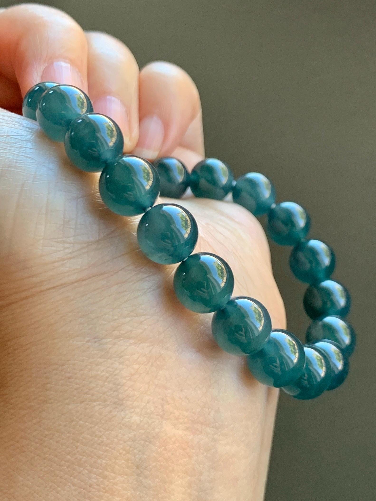 Certified Natural Grade A Guatemalan Icy Highly Translucent Gelatinous Dark Teal Jade Jadeite Beaded Bracelet 10mm 7.4” 天然冰危深蓝绿翡翠圆珠手串 0765