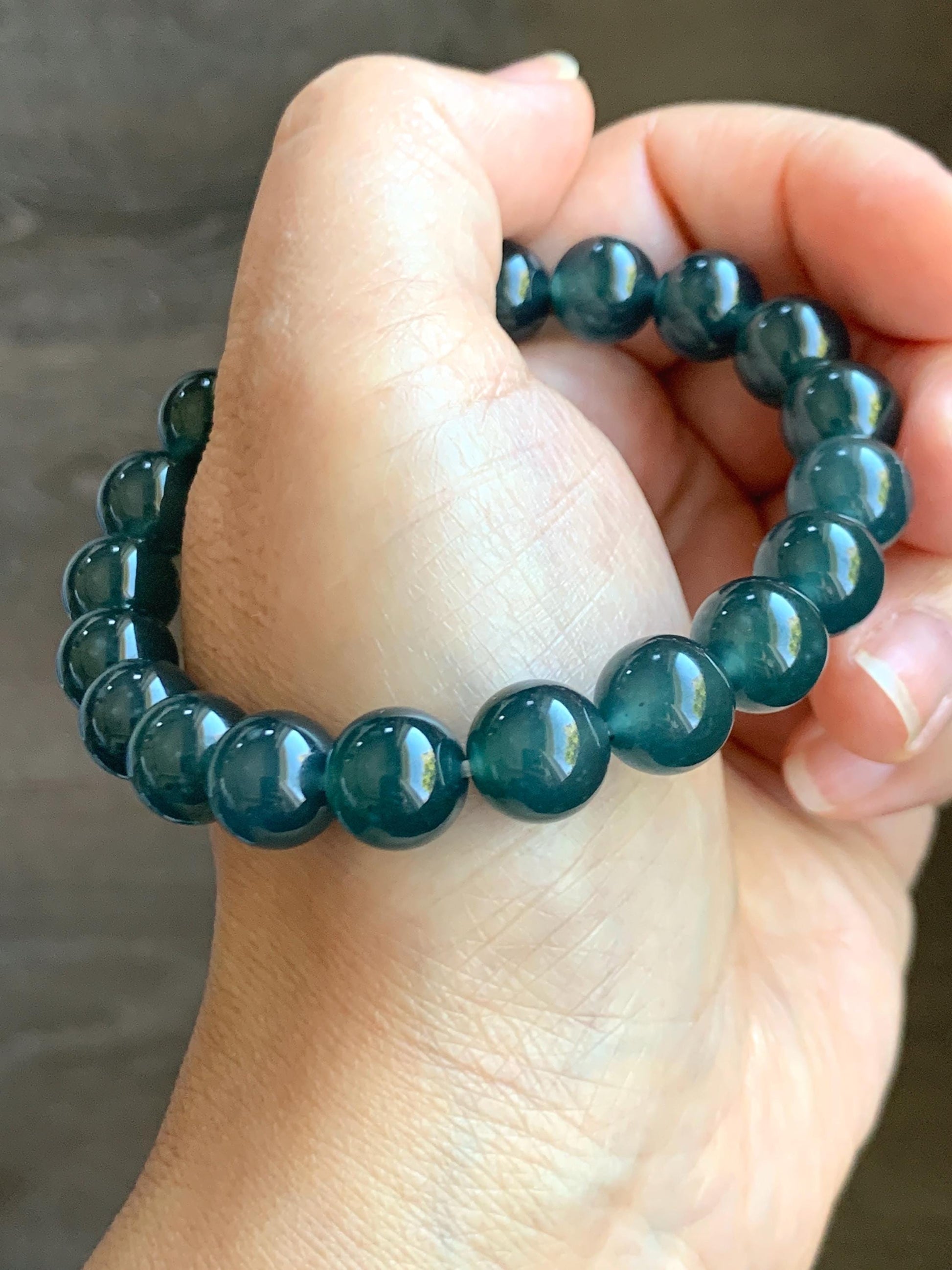 Certified Natural Grade A Guatemalan Icy Highly Translucent Gelatinous Dark Teal Jade Jadeite Beaded Bracelet 10mm 7.4” 天然冰危深蓝绿翡翠圆珠手串 0765